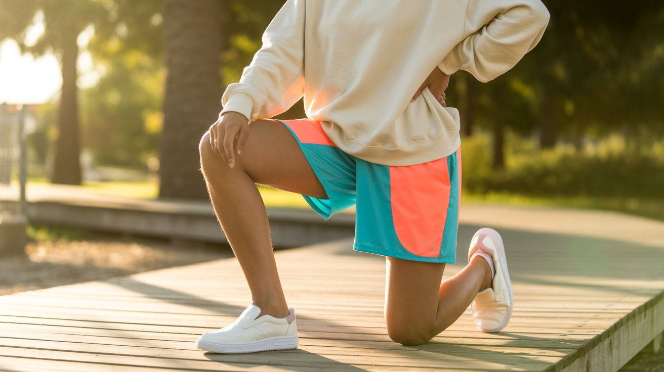 A woman wearing colorful shorts and sneakers sits on a wooden boardwalk, enjoying her surroundings.