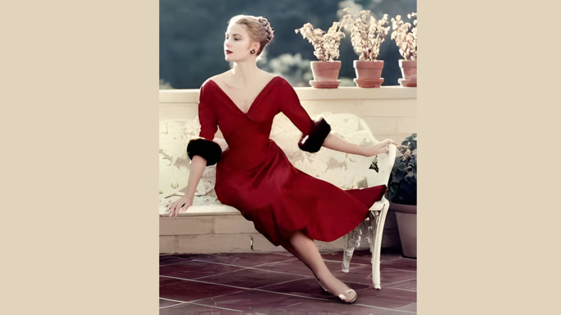 3. A woman in a vibrant red dress relaxes on a bench, surrounded by a tranquil environment.