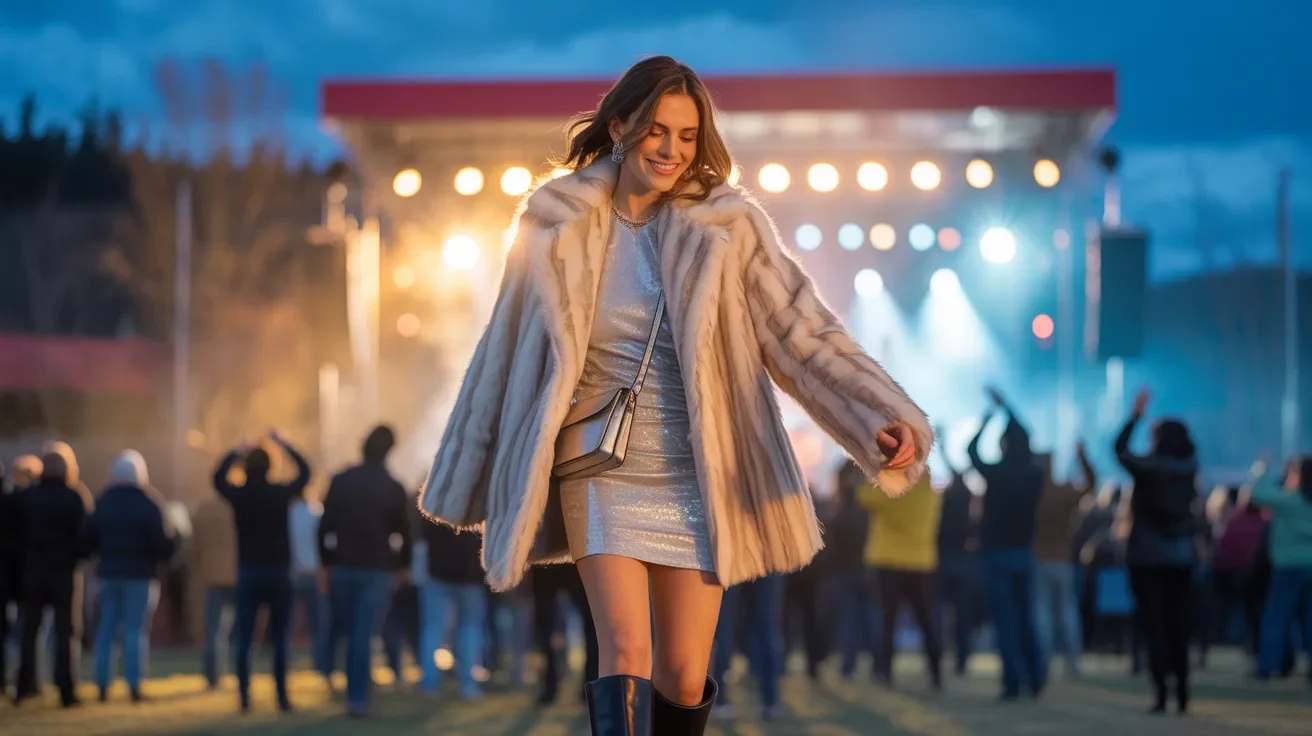 A woman in a fur coat and boots walks confidently in front of a crowd of people.