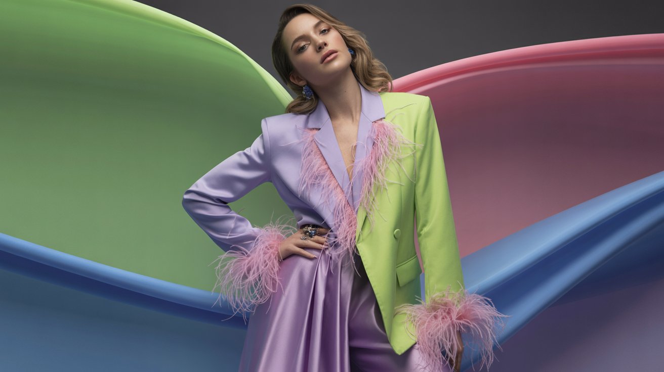 A woman poses in a vibrant, colorful suit, showcasing a bold maximalist style with striking color combinations.