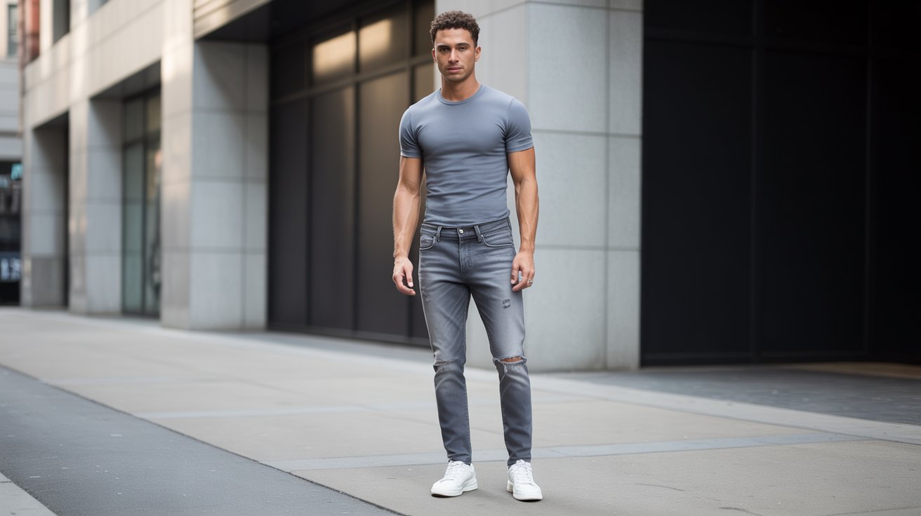 A man in grey jeans and a grey t-shirt stands on a sidewalk, showcasing a tapered denim look.