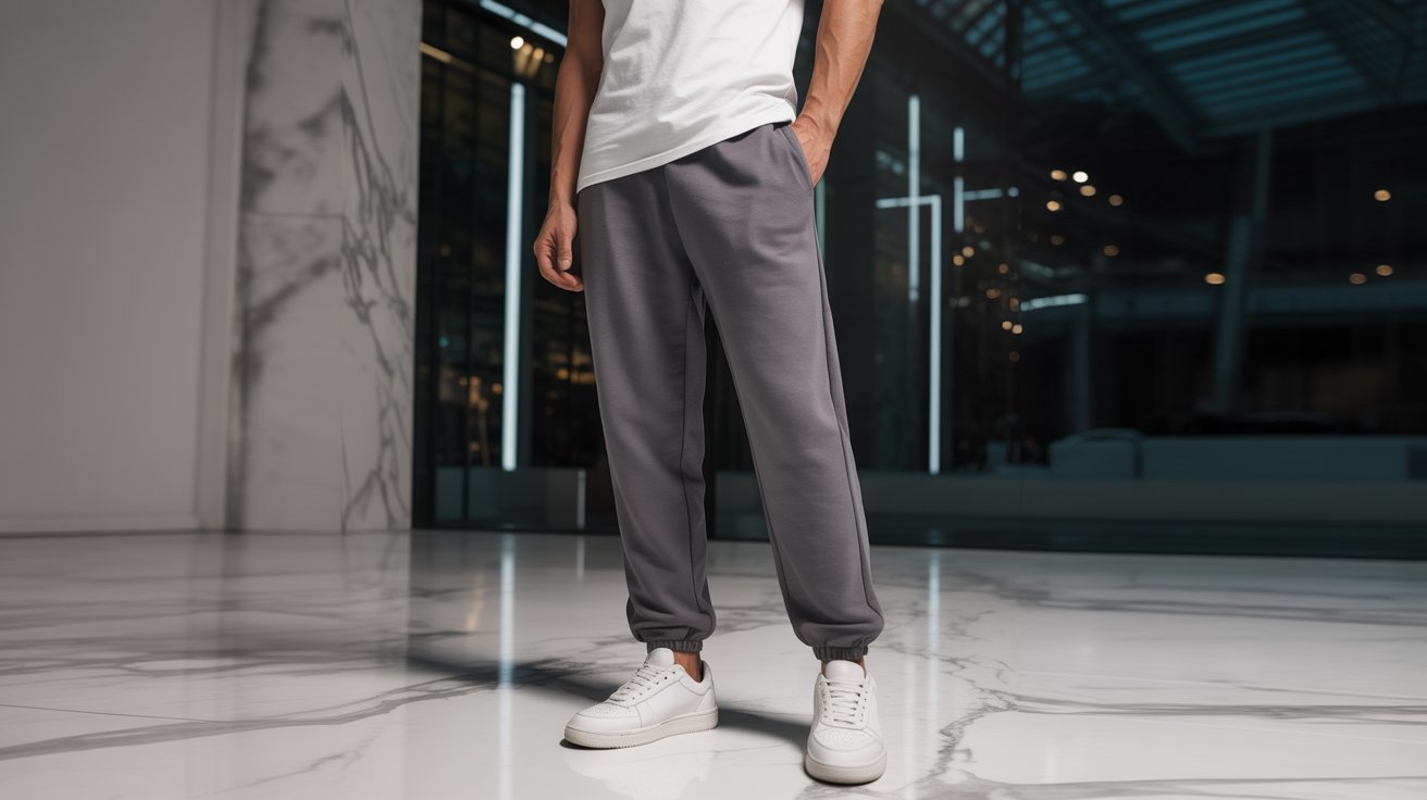 A man in sweatpants stands in an elegant marble room, showcasing a contrast between casual attire and luxurious surroundings.