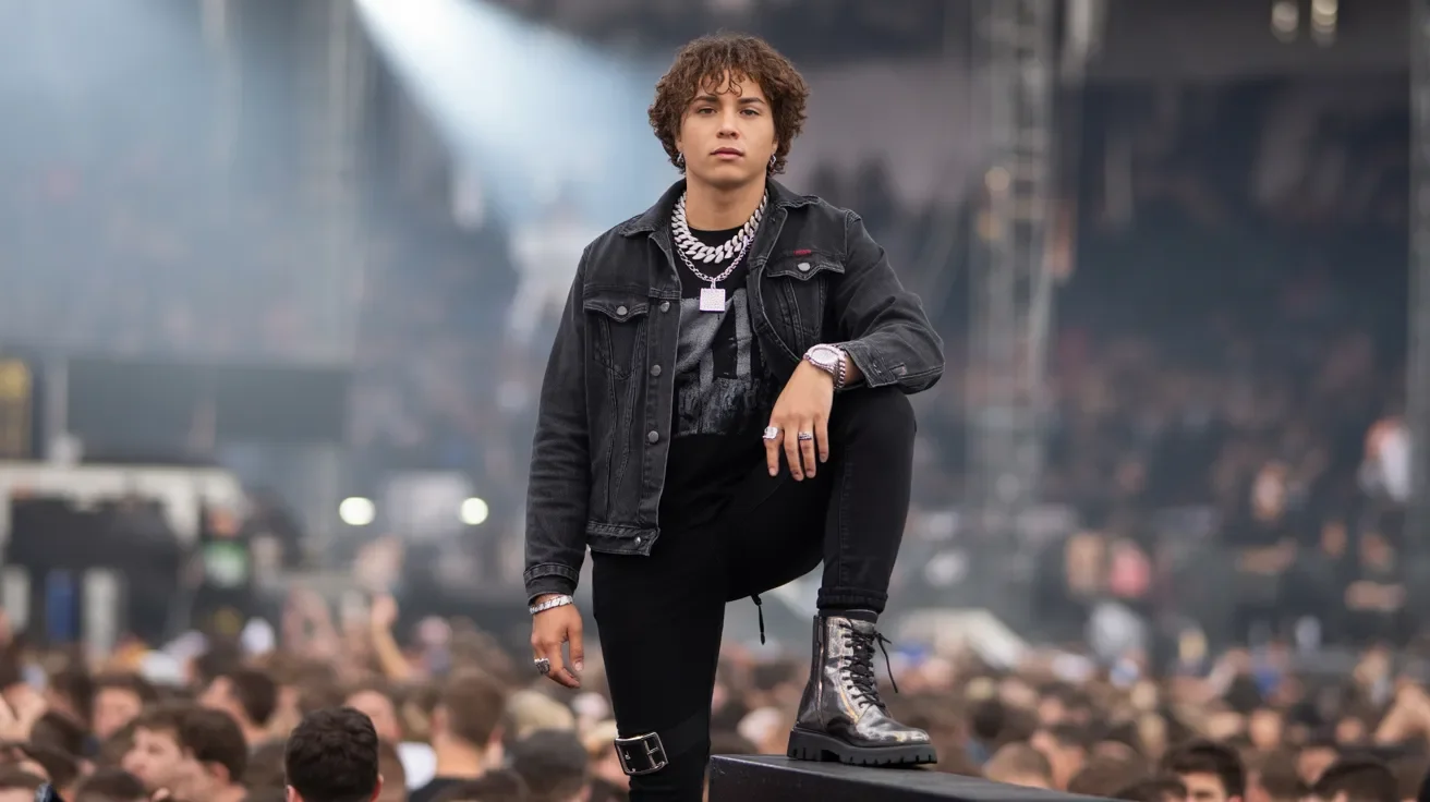 A man sits on a stage, addressing a large crowd of people gathered below him.