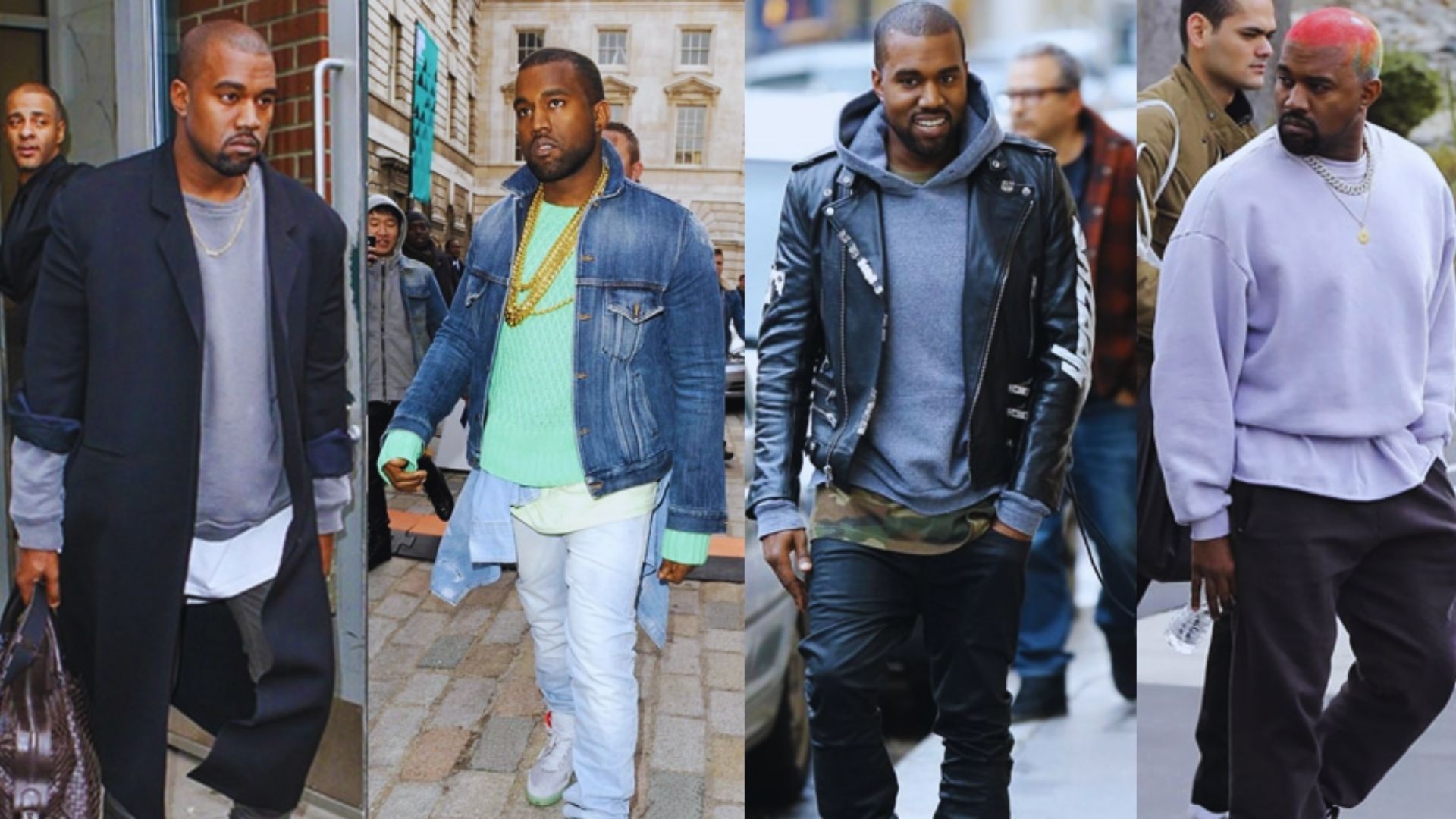 A collection of Kanye West's standout street style looks, featuring diverse outfits that reflect his personal fashion aesthetic.