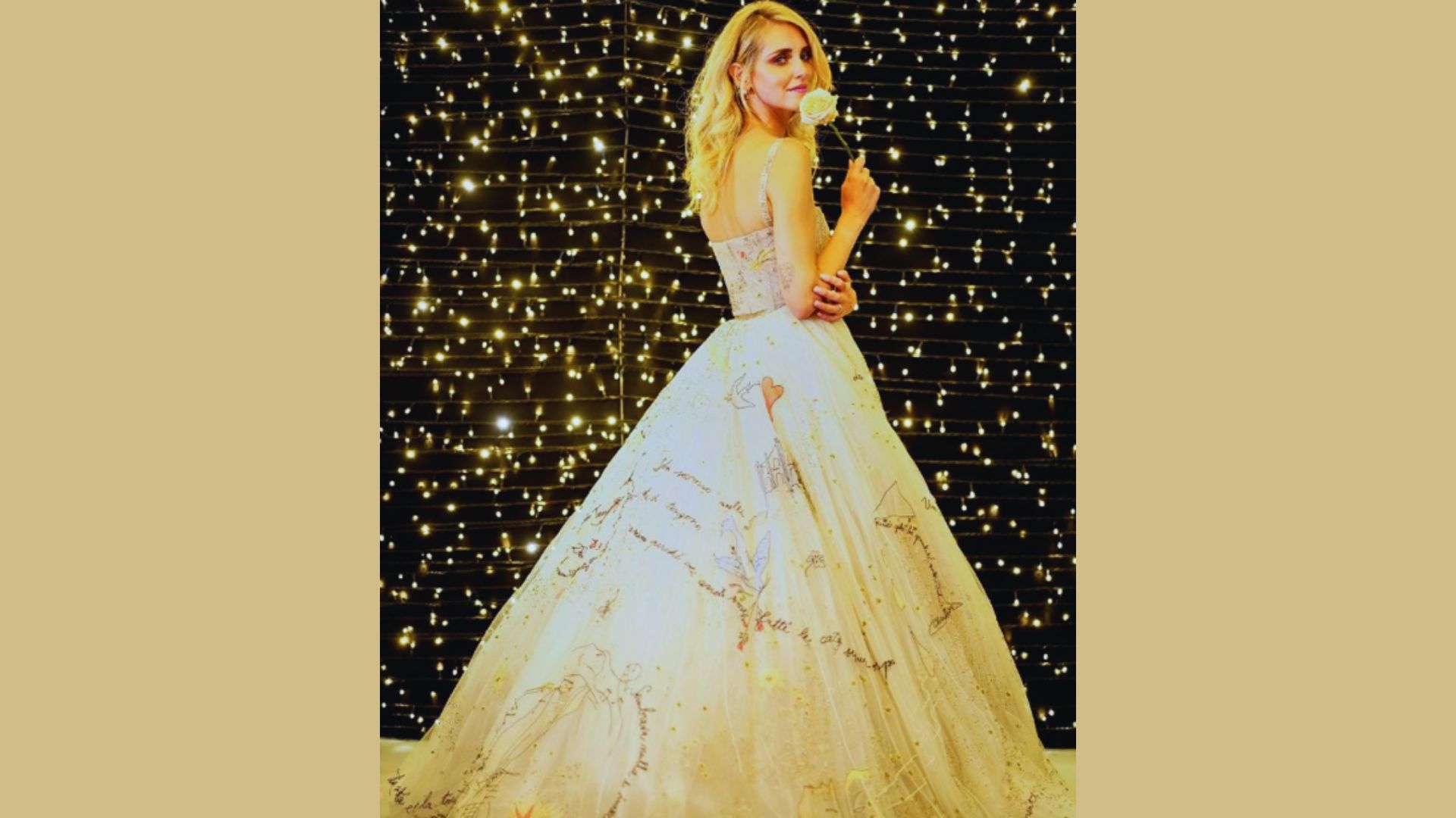A woman in a wedding dress stands gracefully under a starry night sky, radiating joy and elegance.