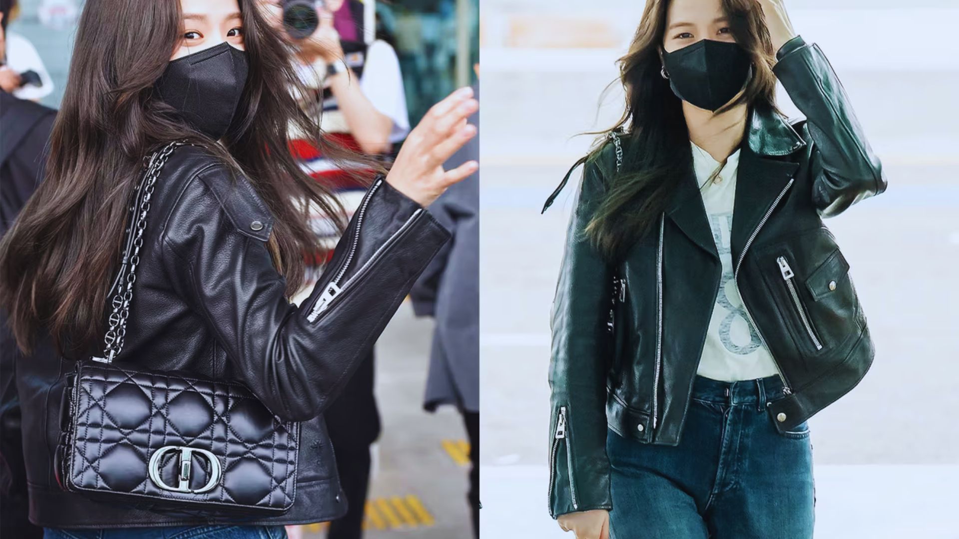 Two images of a woman in a mask and black leather jacket, showcasing her stylish and mysterious appearance.