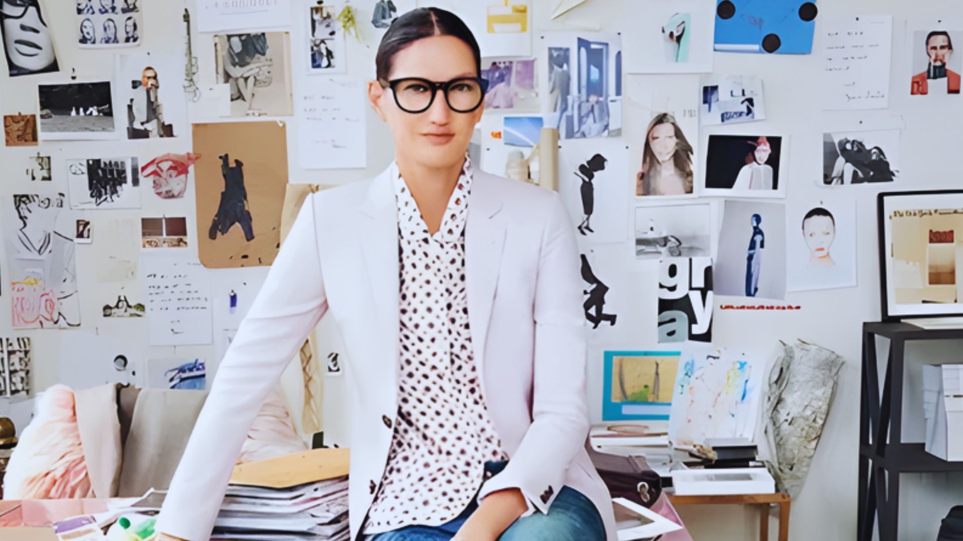 A woman with glasses sits at a desk, surrounded by a wall filled with various pictures.