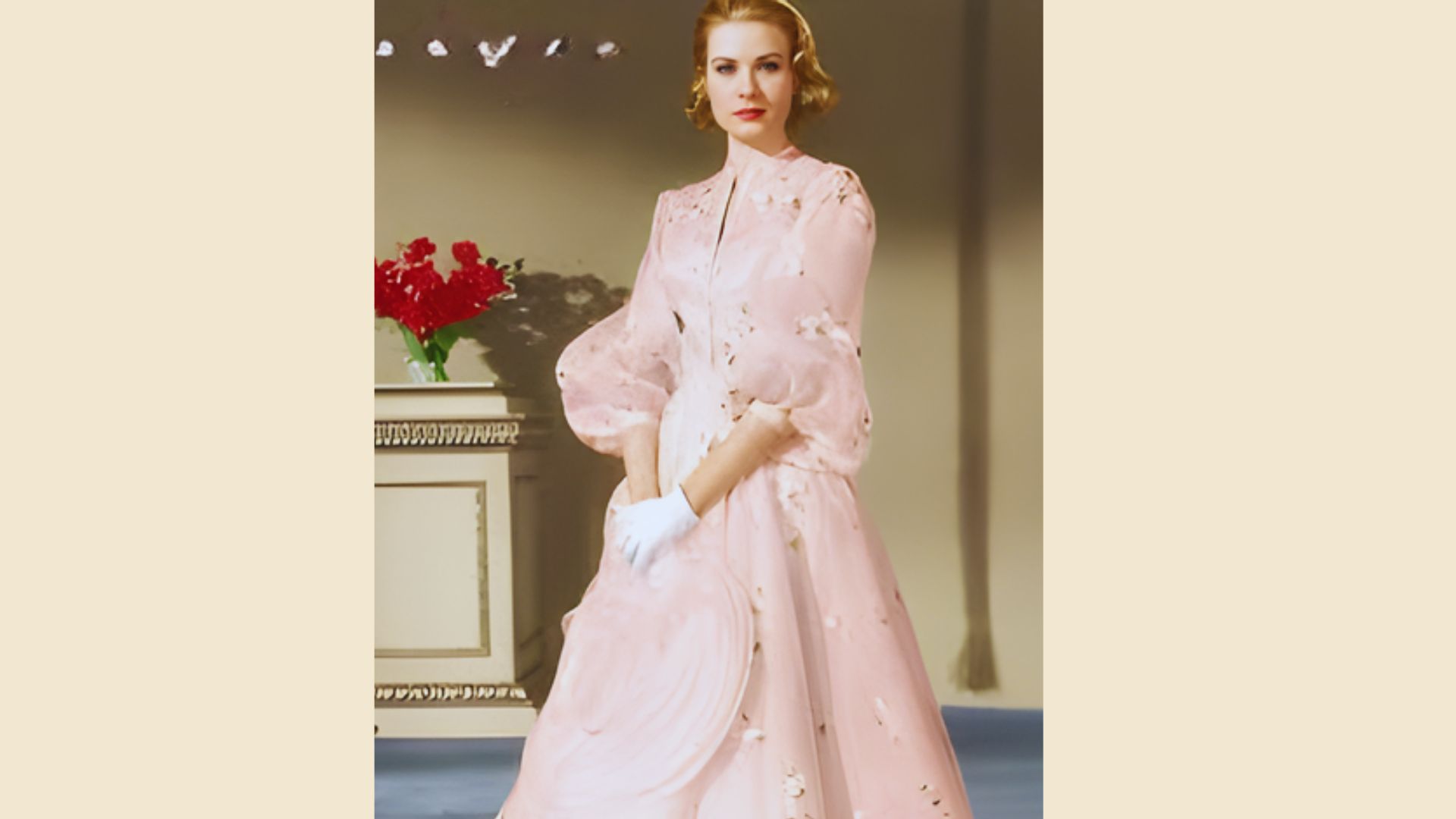 2. A woman wearing a pink dress poses in a stylish room, featuring elegant decor and warm lighting.