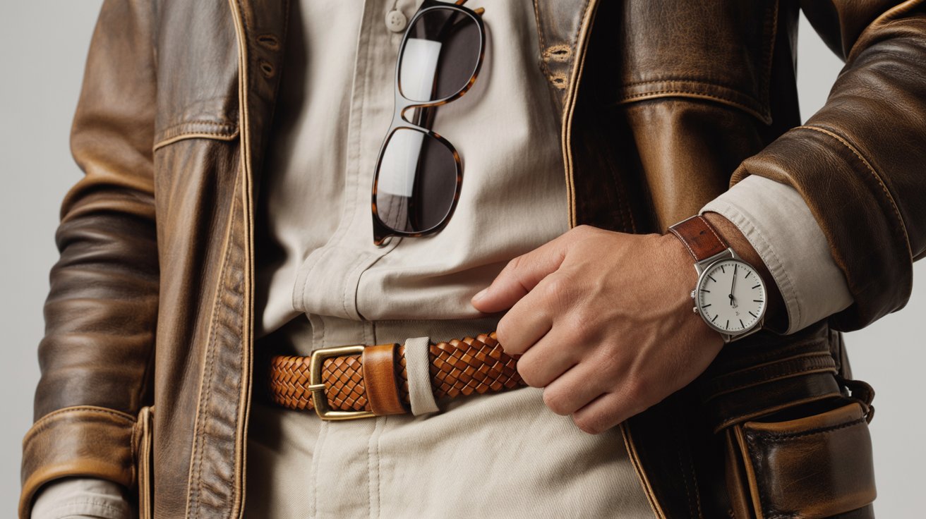 A man wearing a brown leather jacket over a white shirt, showcasing a stylish and complete look with accessories.