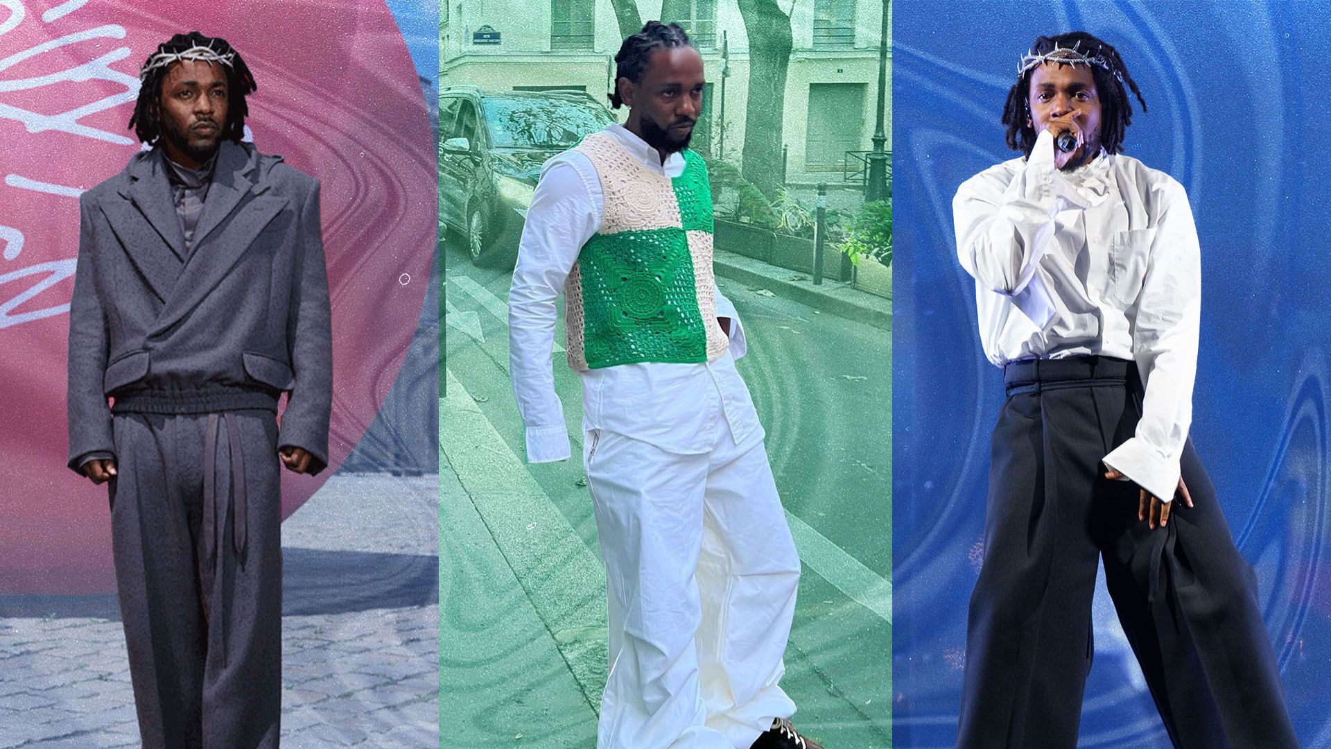 Three images of Kendrick Lamar showcasing diverse fashion styles over the years, featuring unique outfits and accessories.