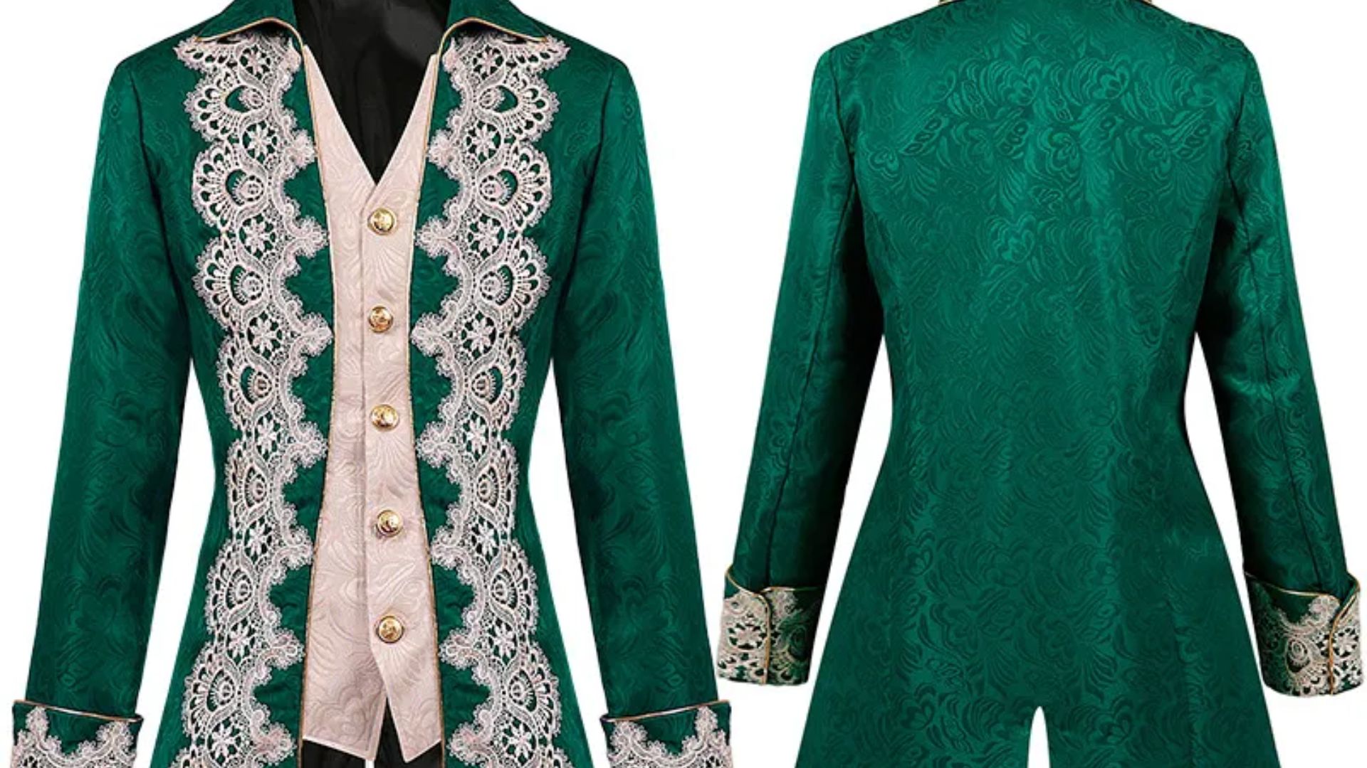 A green jacket featuring white lace details and elegant gold trim.
