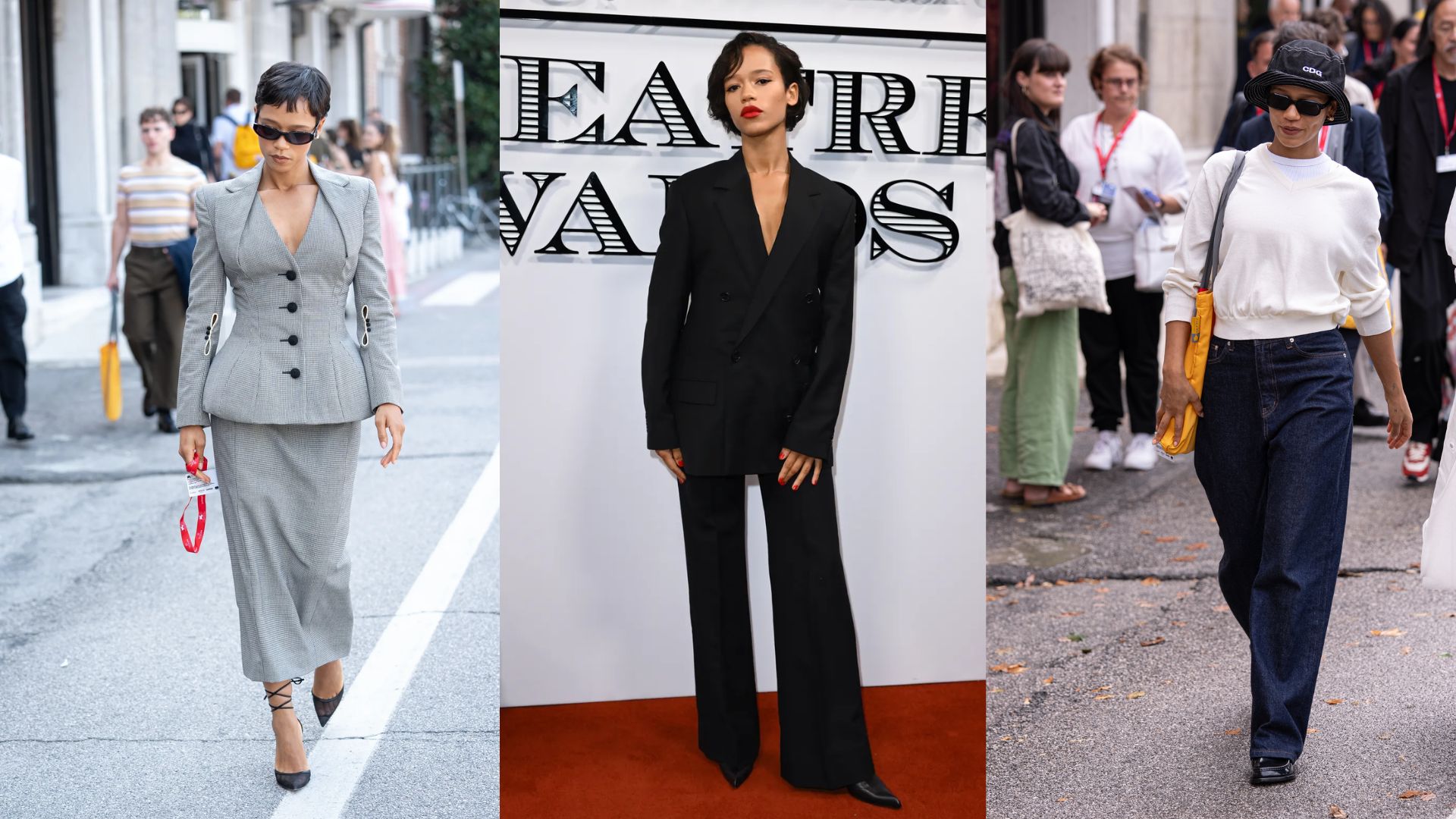 Four women in suits and heels walking confidently on a city street, showcasing professional attire and urban style.