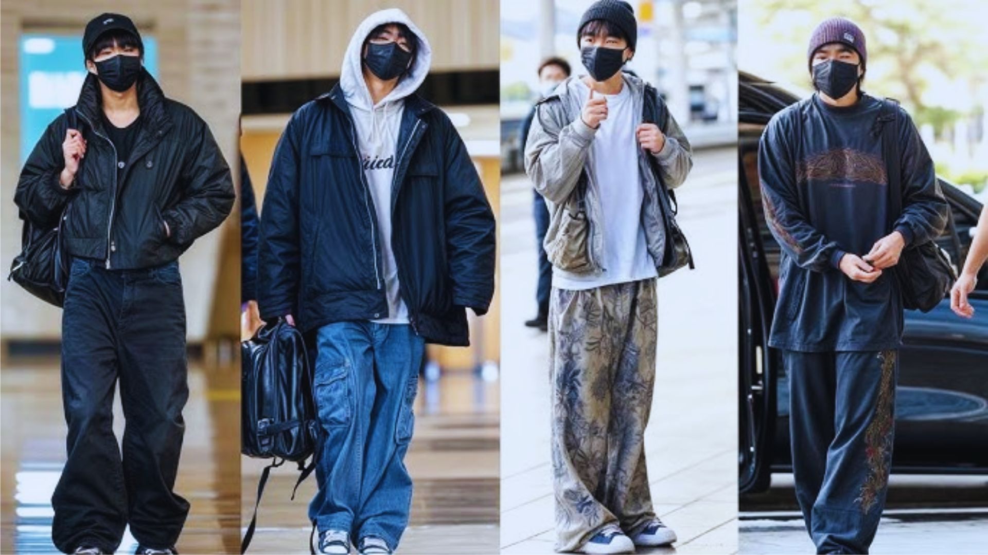 Four photos of Jungkook in an airport outfit, all featuring him wearing a black mask, displaying varied looks and angles.
