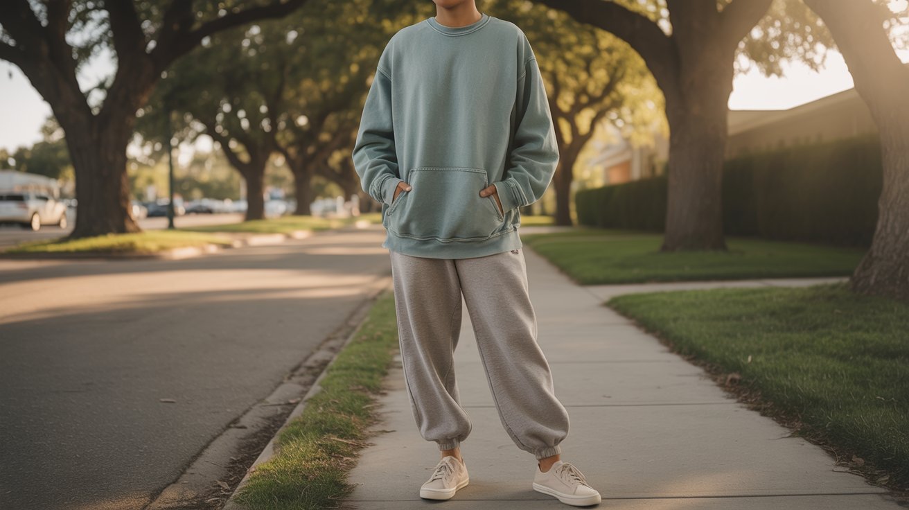 A man in a blue sweatshirt and grey sweatpants stands on a sidewalk, looking ahead with a neutral expression.