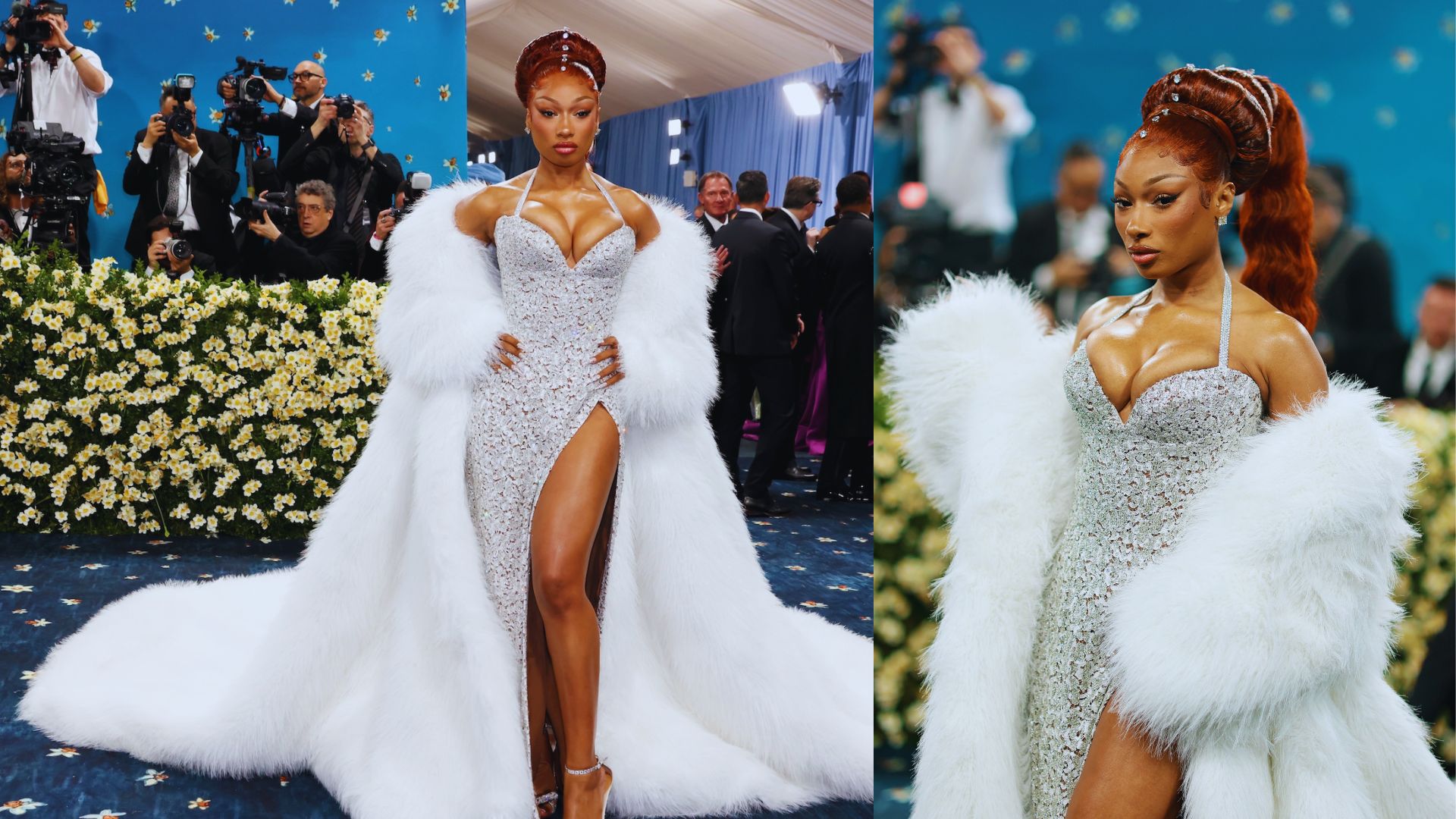 Two images: a woman in a white fur coat and another in a white dress, showcasing elegant fashion choices.