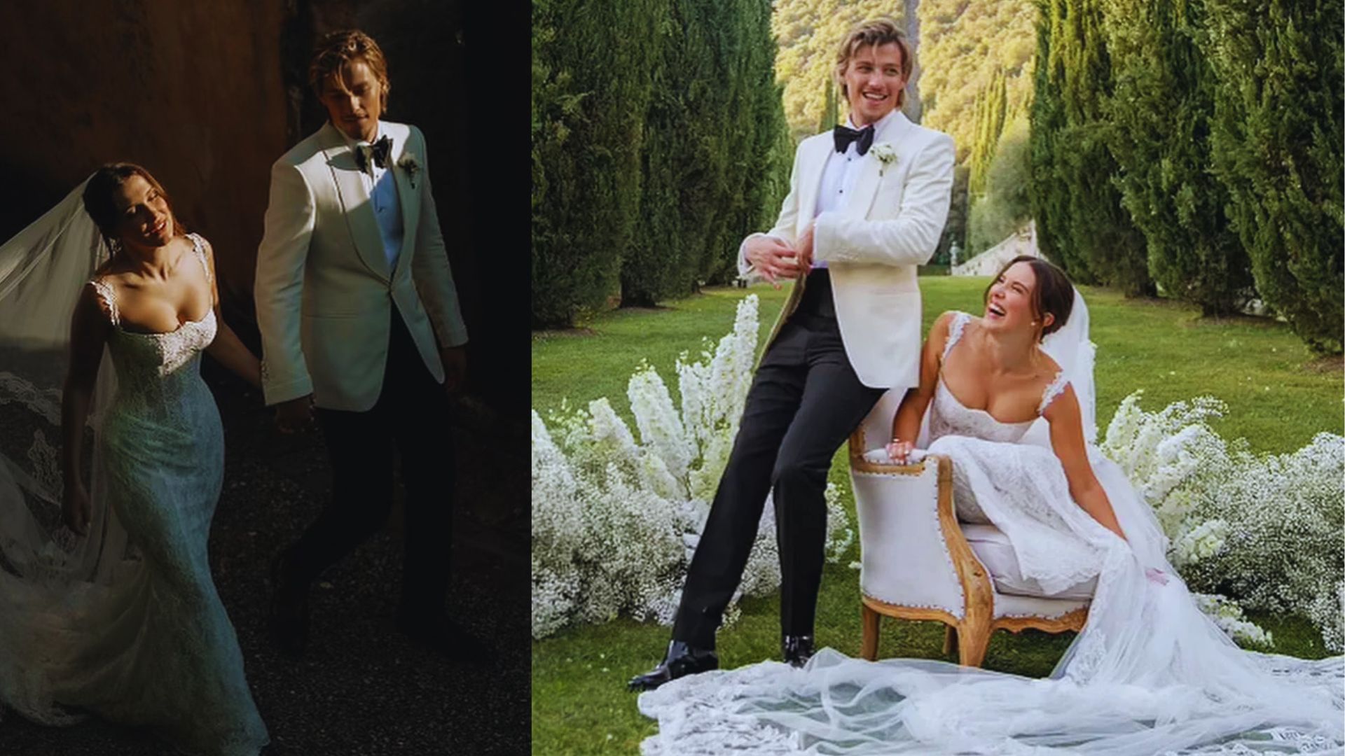 Two pictures of a bride and groom in formal wear, highlighting their smiles and the romantic atmosphere of their wedding.