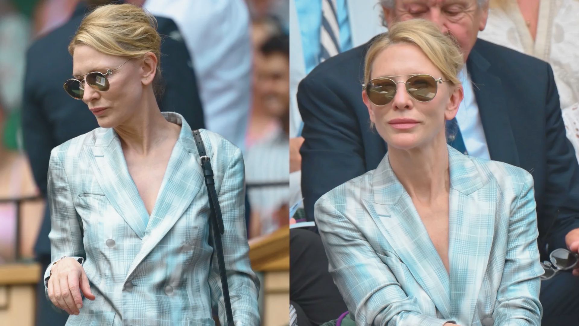 Two images of a woman wearing a suit and sunglasses, exuding confidence and style in a professional setting.