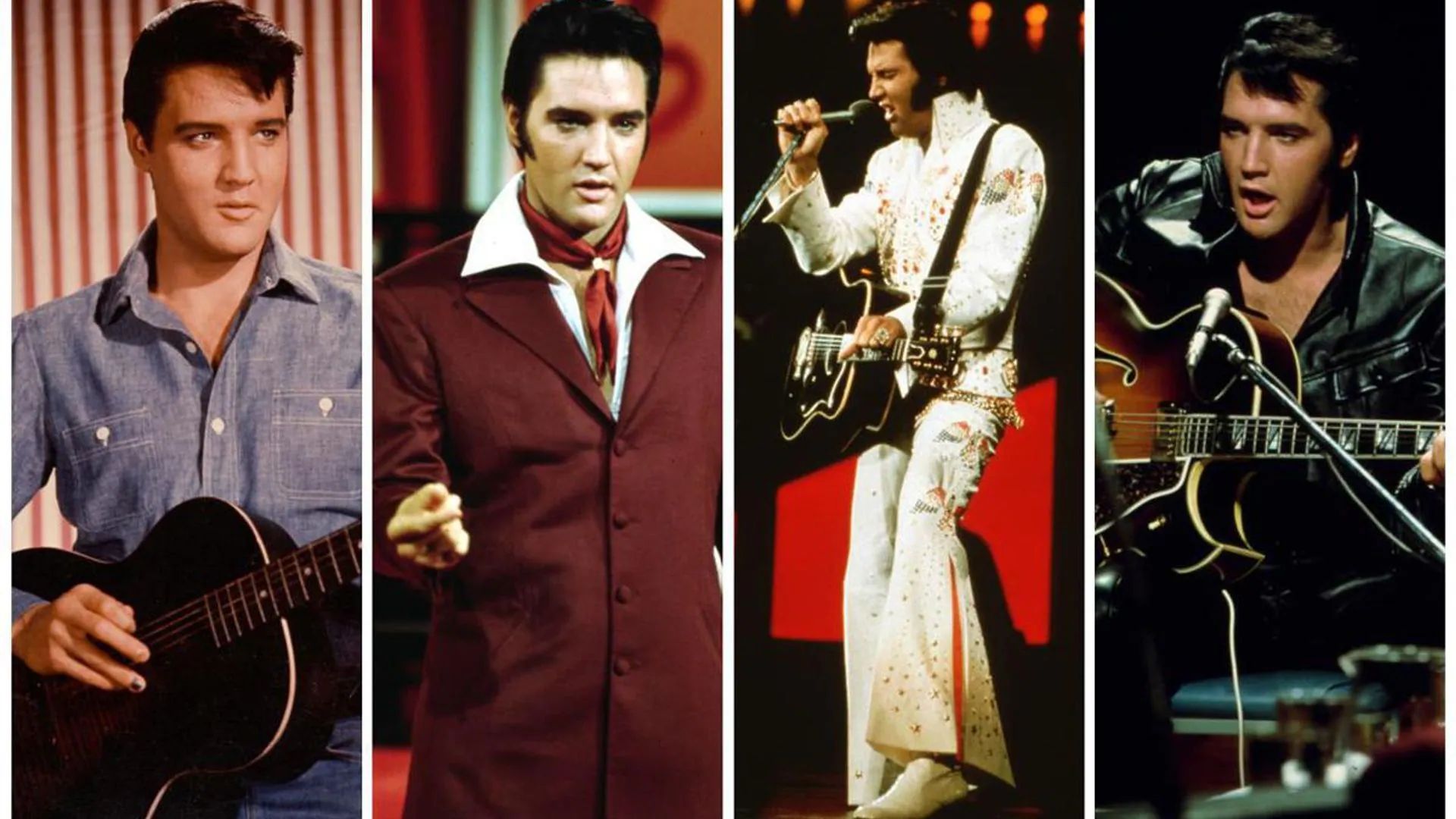 Elvis Presley in iconic outfits showcasing his influence on rock fashion throughout the decades.