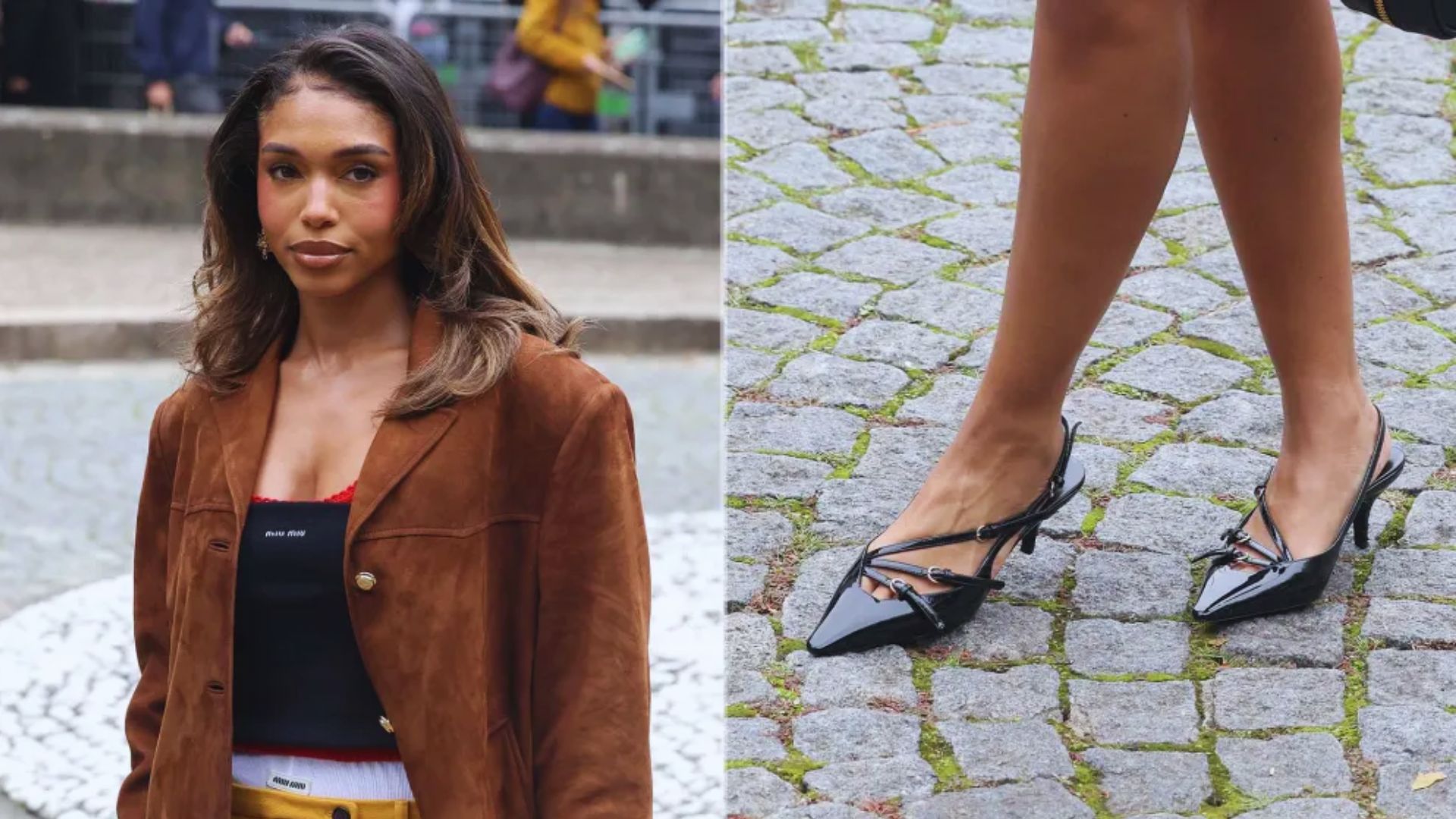 wo images of a woman in stylish heels and a fitted jacket, showcasing her fashionable outfit from different angles.