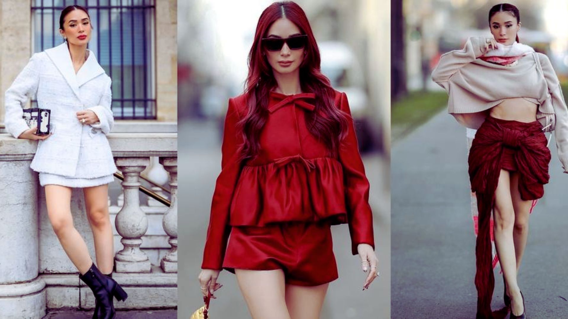 Four images of women showcasing various styles of red outfits, highlighting different fashion choices and accessories.