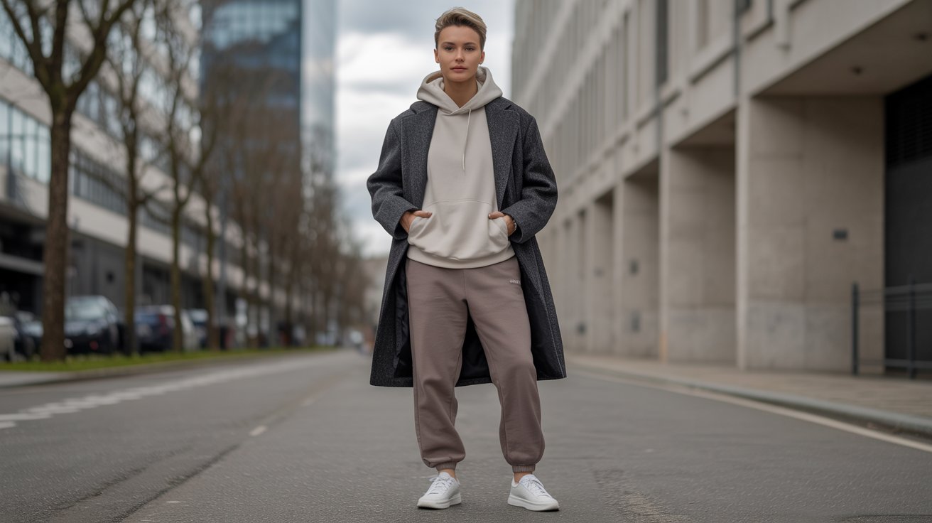 A man wearing a coat and sweatpants stands on a street, looking casually dressed for a cool day.