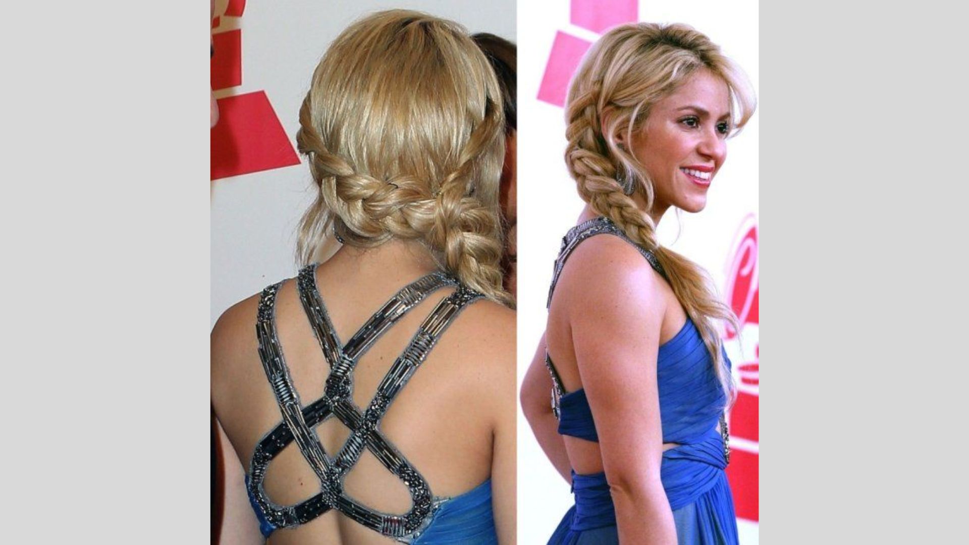Two images of Shakira showcasing her medium braids and a single braid hairstyle.