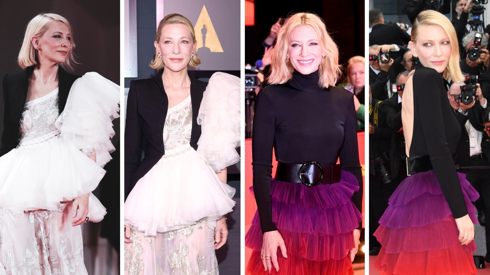 Four distinct photos of the same woman, each displaying her in a different outfit, emphasizing her versatile style.