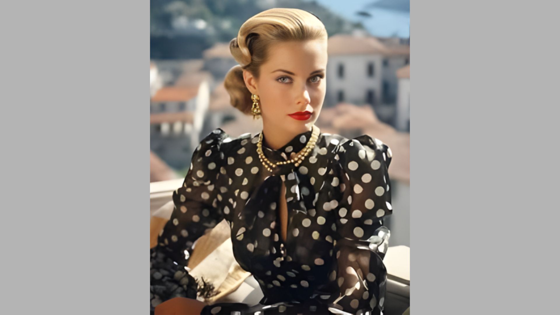 1. A woman wearing a polka dot dress and a necklace, smiling while standing against a neutral background.