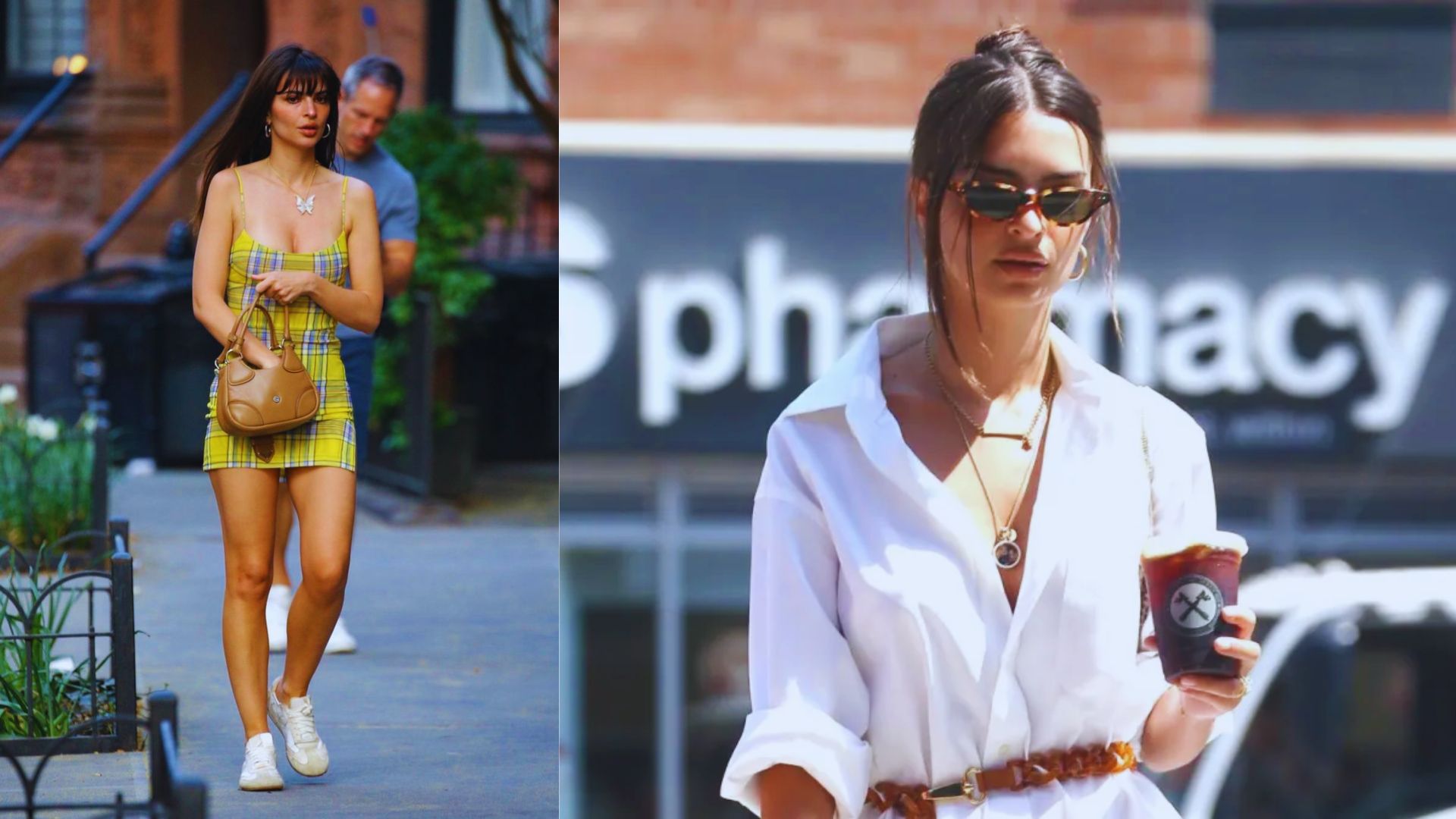 Two photos featuring a woman strolling on the street and a woman dressed in a vibrant yellow dress.