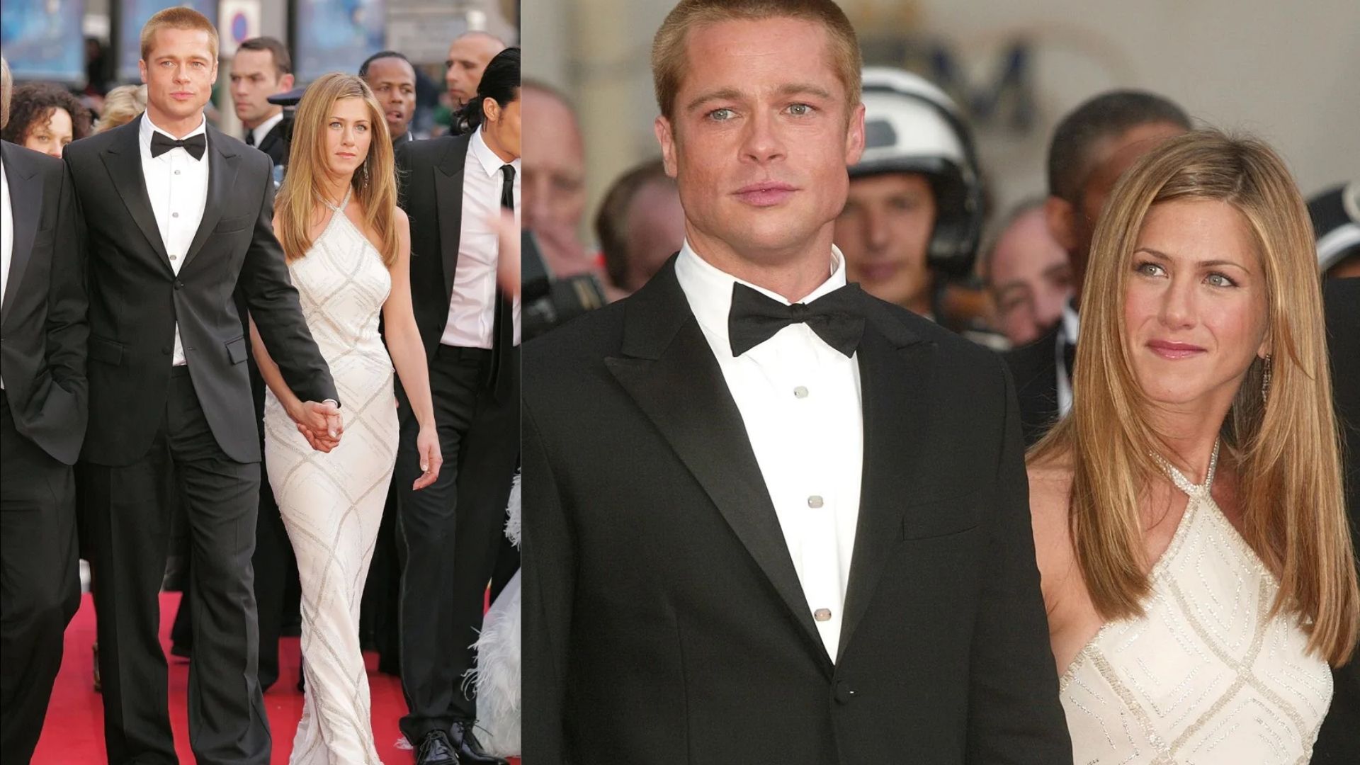 Brad Pitt and Jennifer Aniston pose together at the Oscars, showcasing Pitt's stylish wedding look and Aniston's elegant attire.