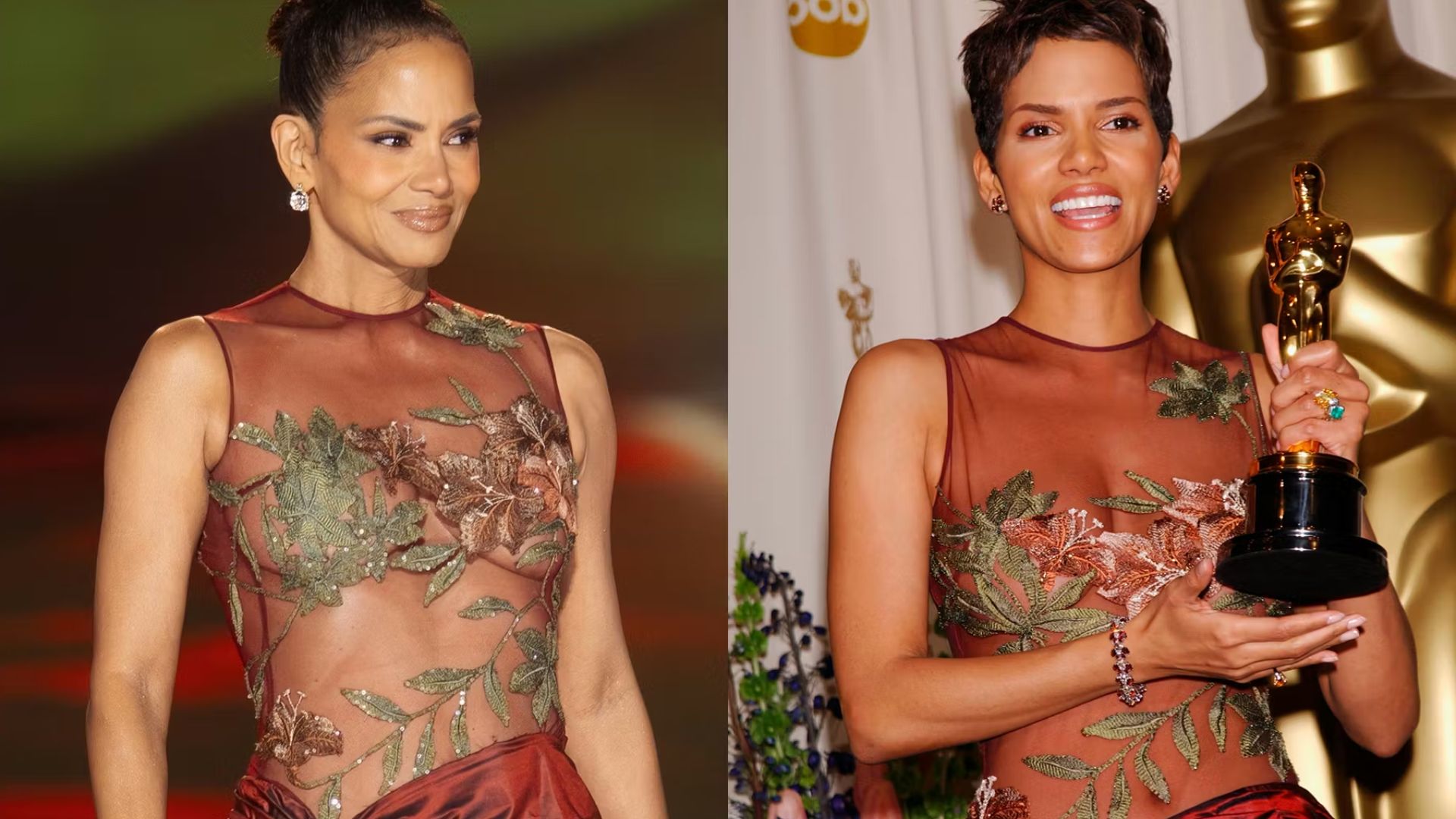 Halle Berry wearing her iconic Oscar gown, showcasing elegance and style at the historic awards ceremony.