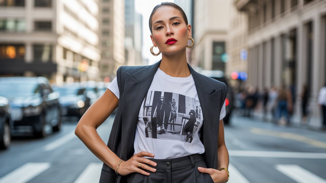 A woman in a t-shirt and jacket stands confidently on a city street, blending streetwear with high fashion.