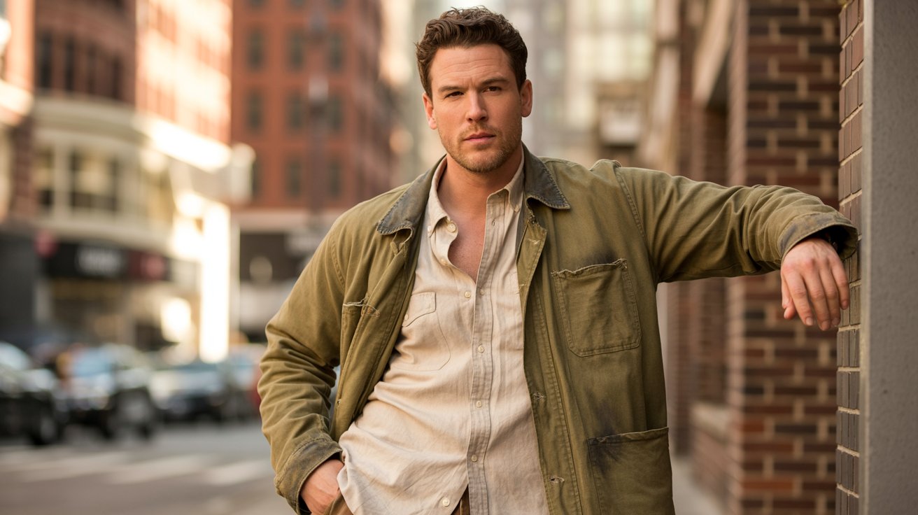 A man in a green jacket leans against a wall, showcasing a rugged chore coat style.