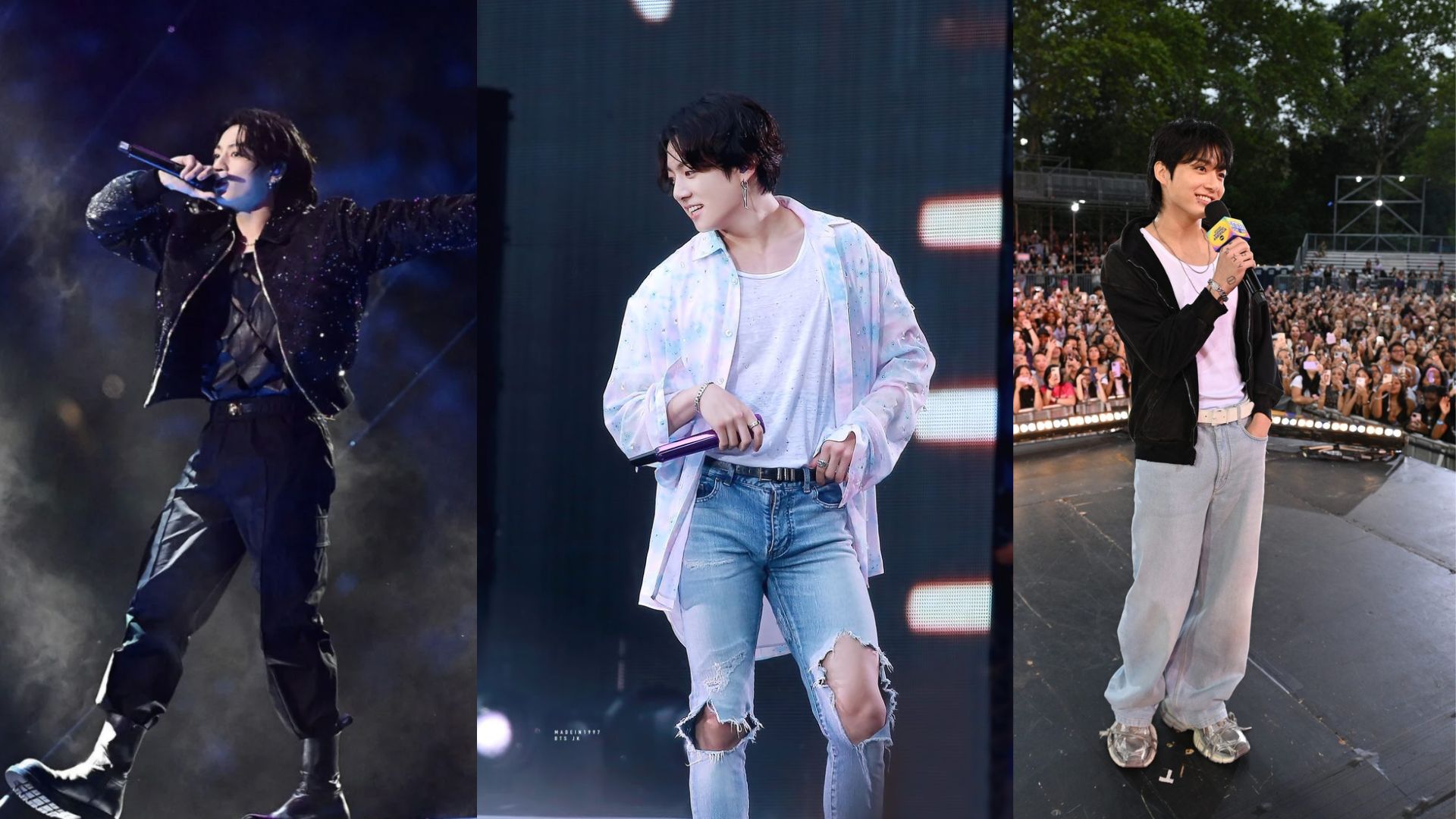 Jungkook performed in concert, depicted in three images wearing a trendy jacket and jeans, emphasizing his style.