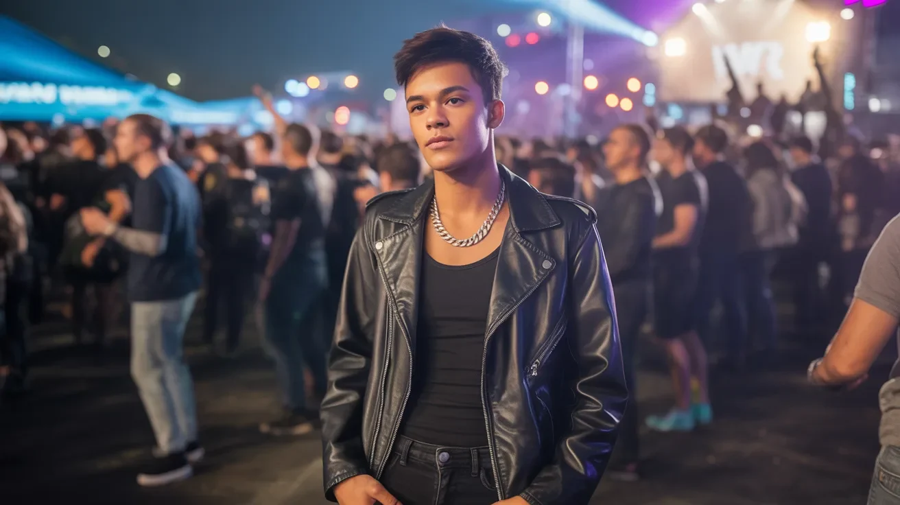 A boy in a black leather jacket with a silver chain, enjoying in a concert.