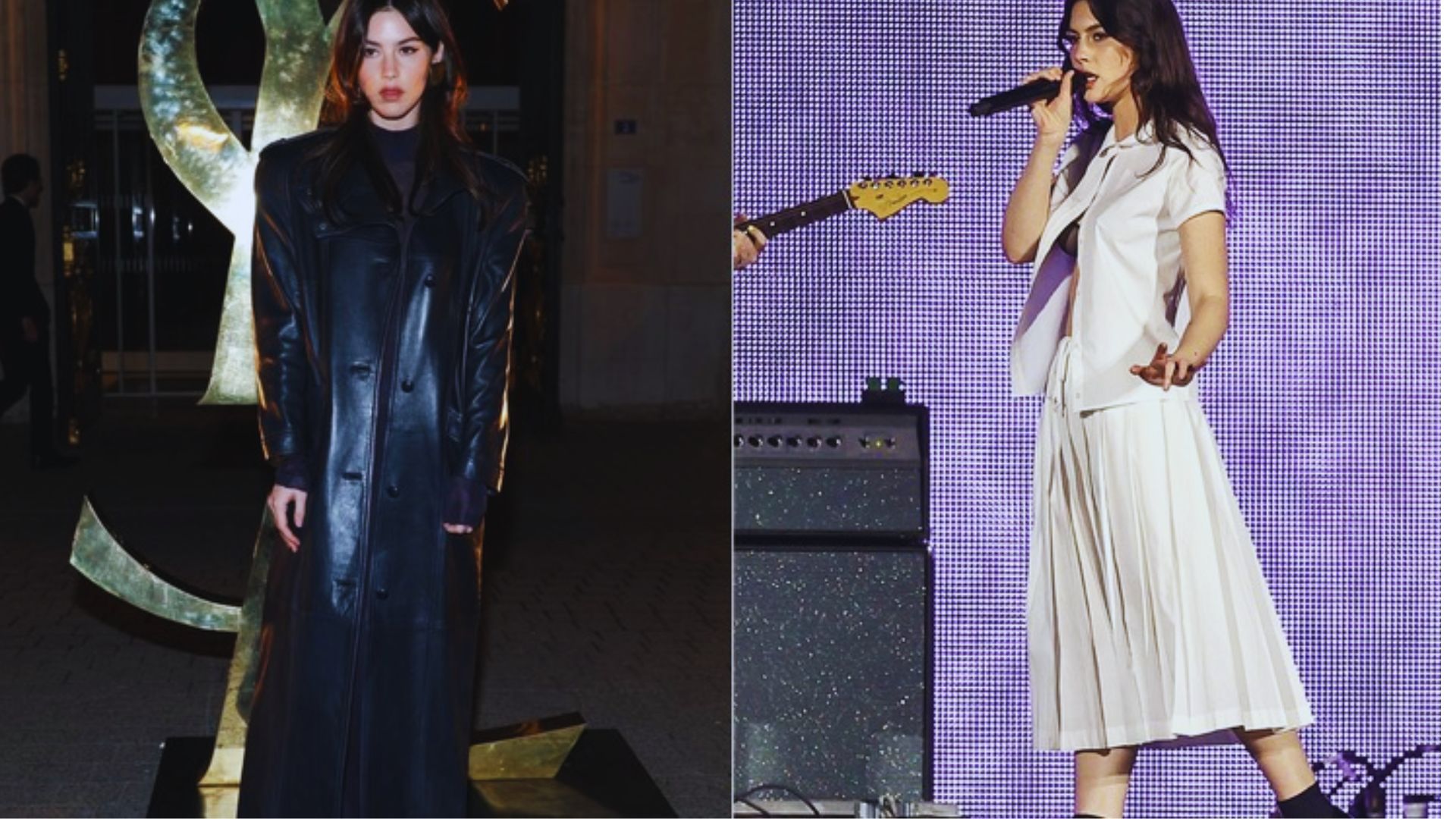 Two images of women wearing white dresses paired with black coats, showcasing a stylish contrast in their outfits.
2. Two photos featuring women dressed in white dresses an