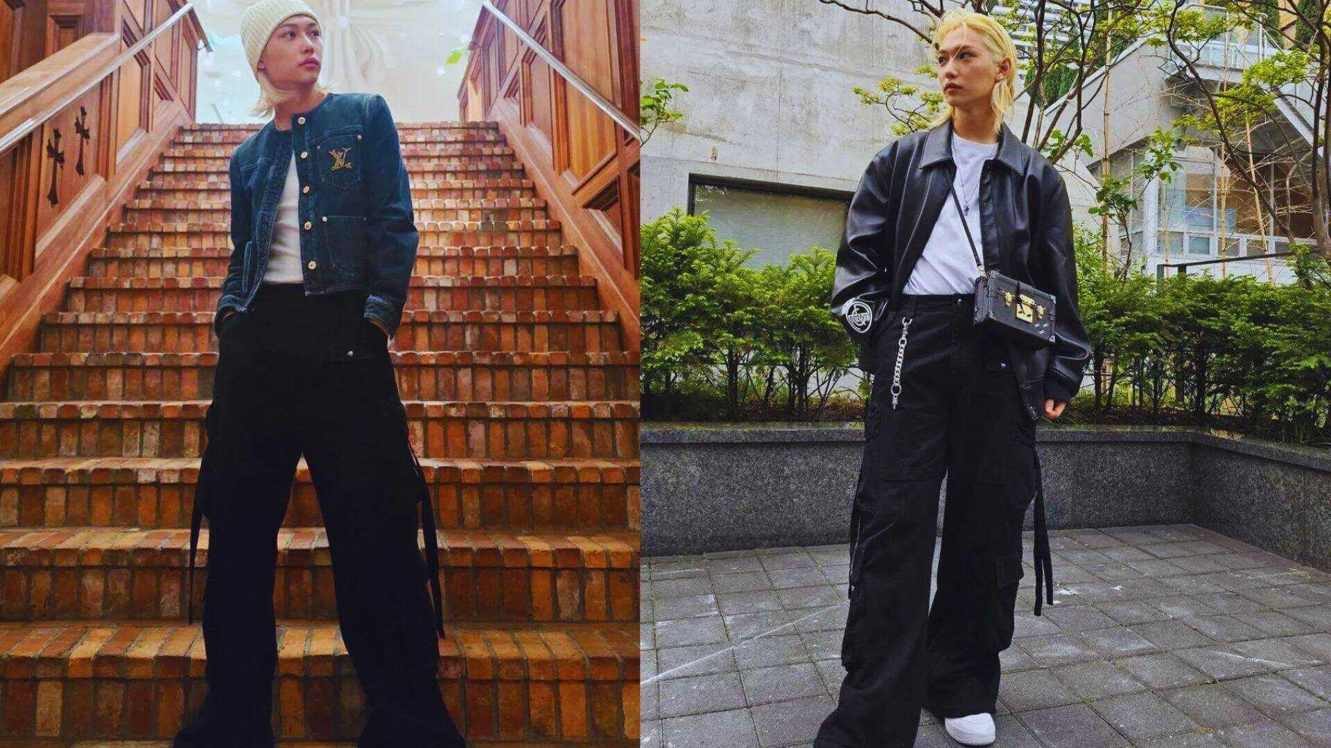 Two photos featuring a man in a jacket and pants, highlighting his outfit from various perspectives.