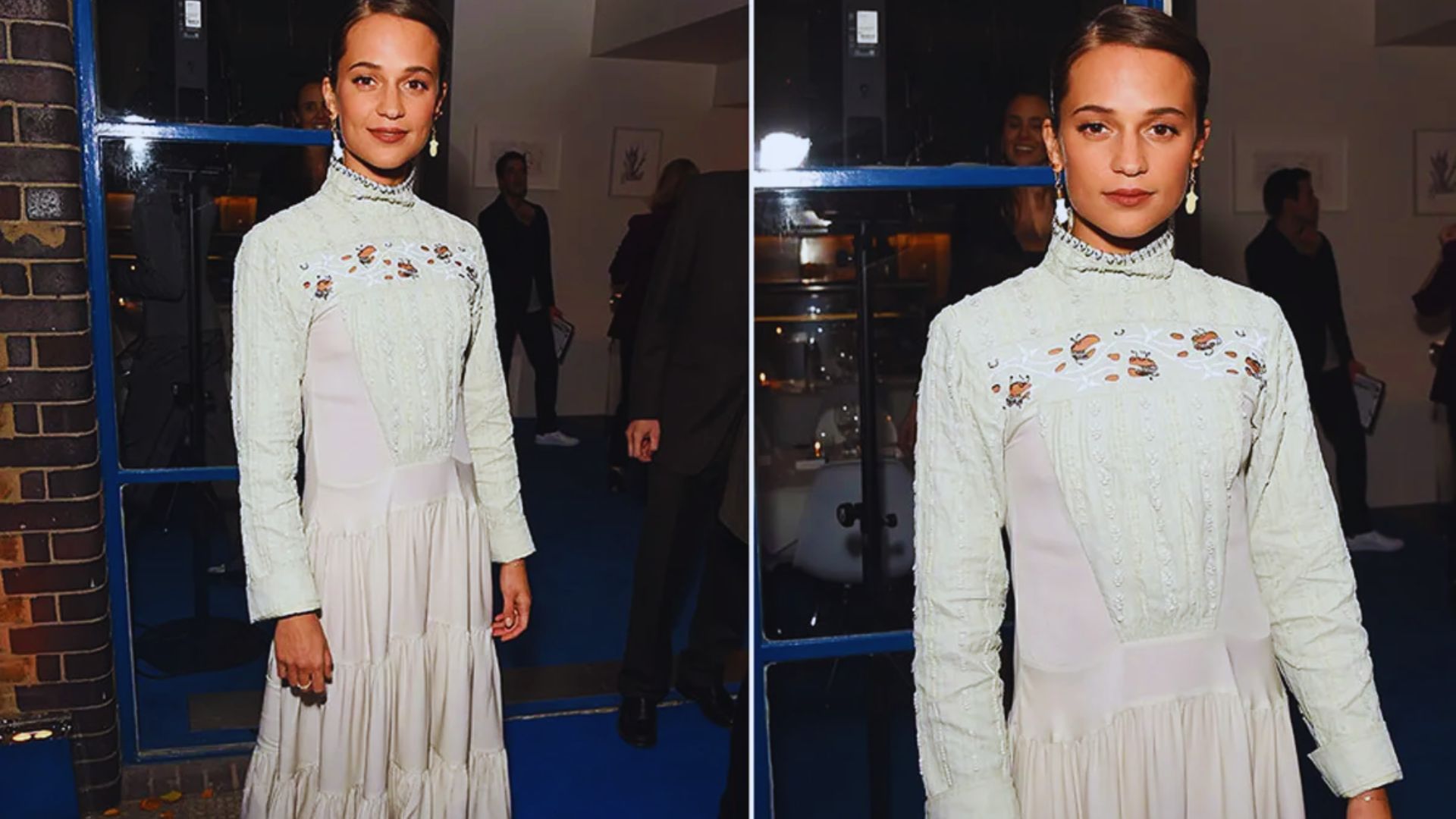 Two images of a woman wearing a white dress standing on a blue carpet, showcasing her elegant pose and surroundings.