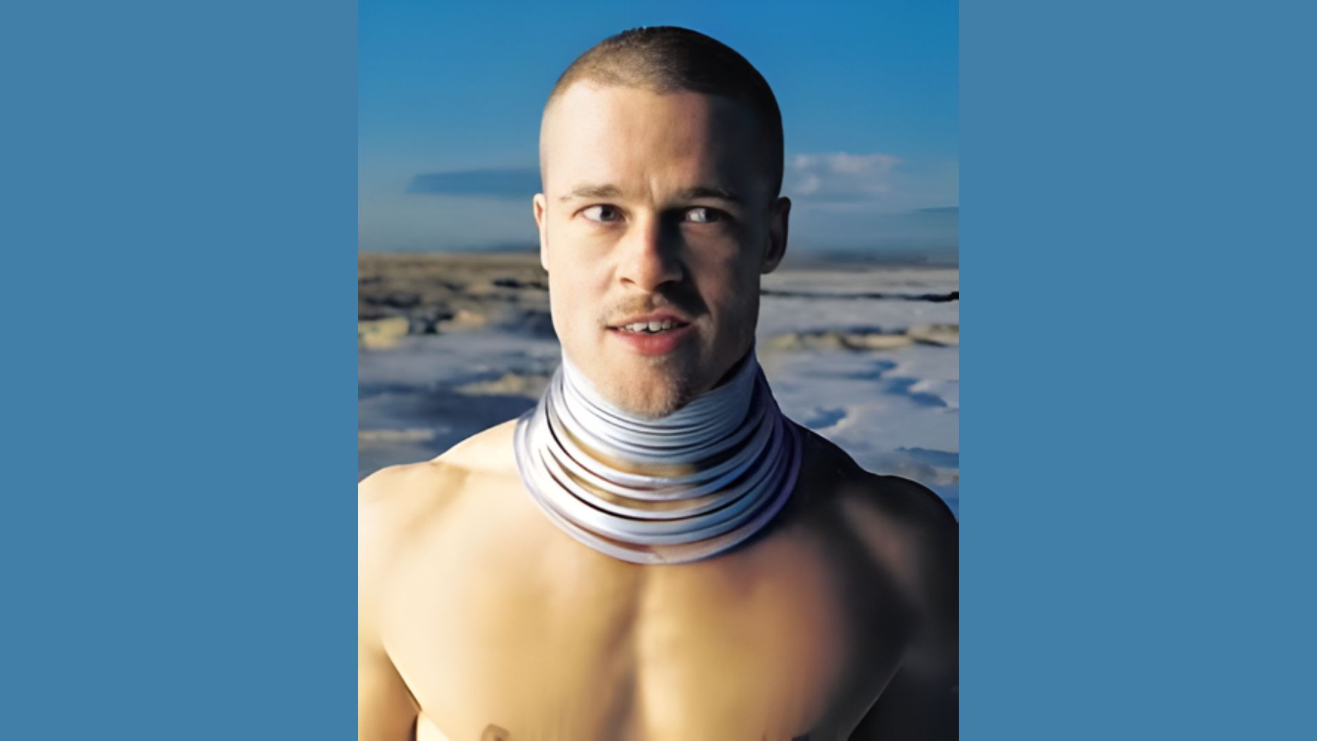 Brad Pitt, in a swimsuit from 1999,capturing a moment.