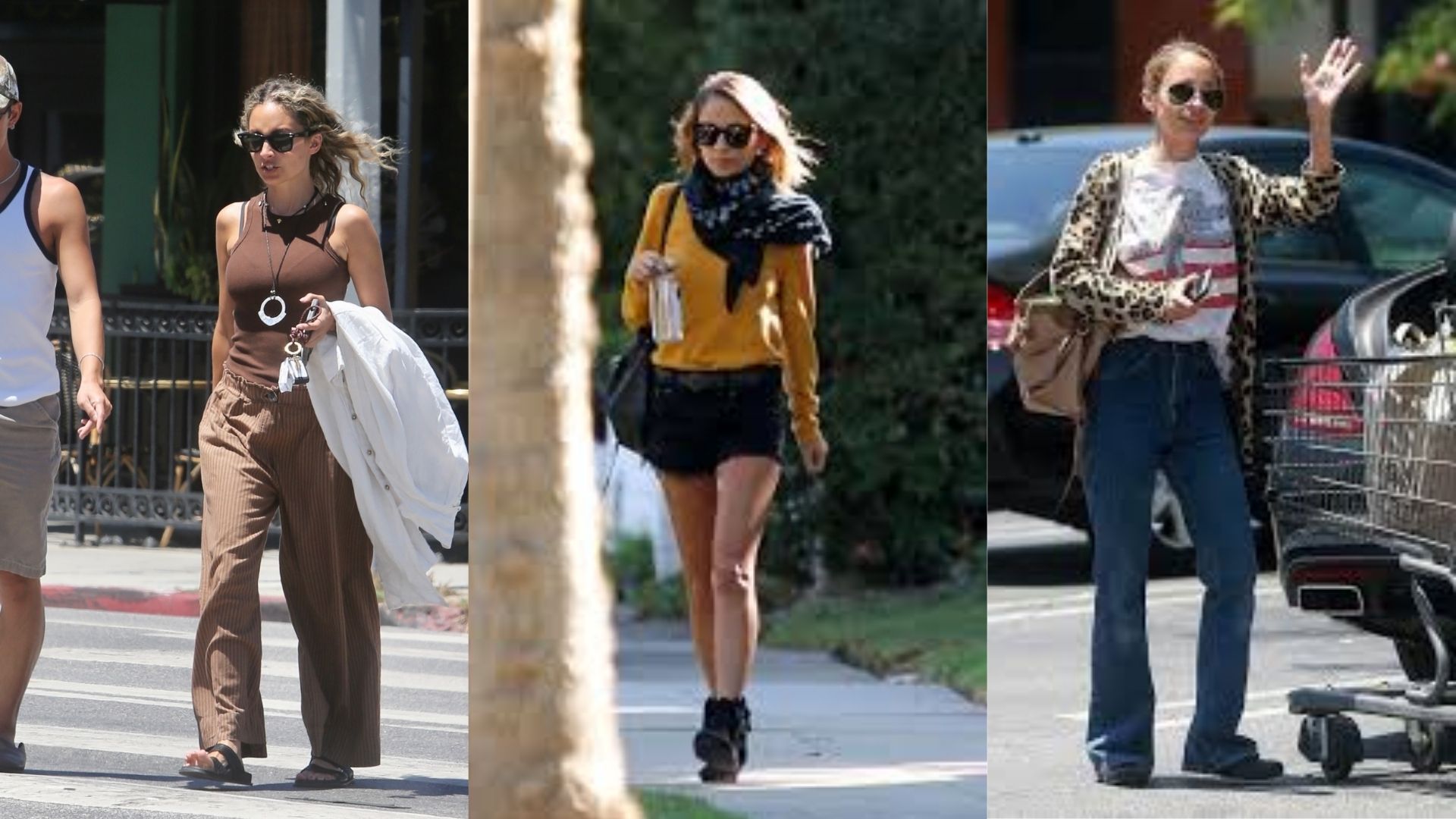 Four images of stylish individuals walking down the street, all wearing casual outfits and oversized sunglasses.