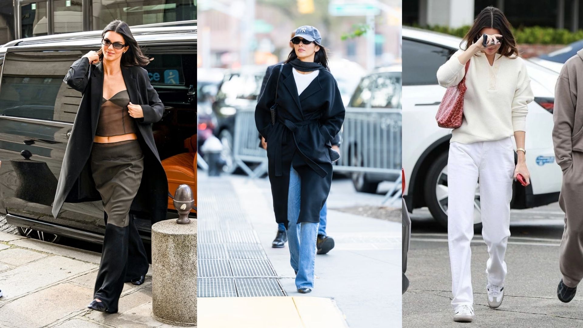 Kendall Jenner showcasing various street style outfits in a vibrant urban setting.