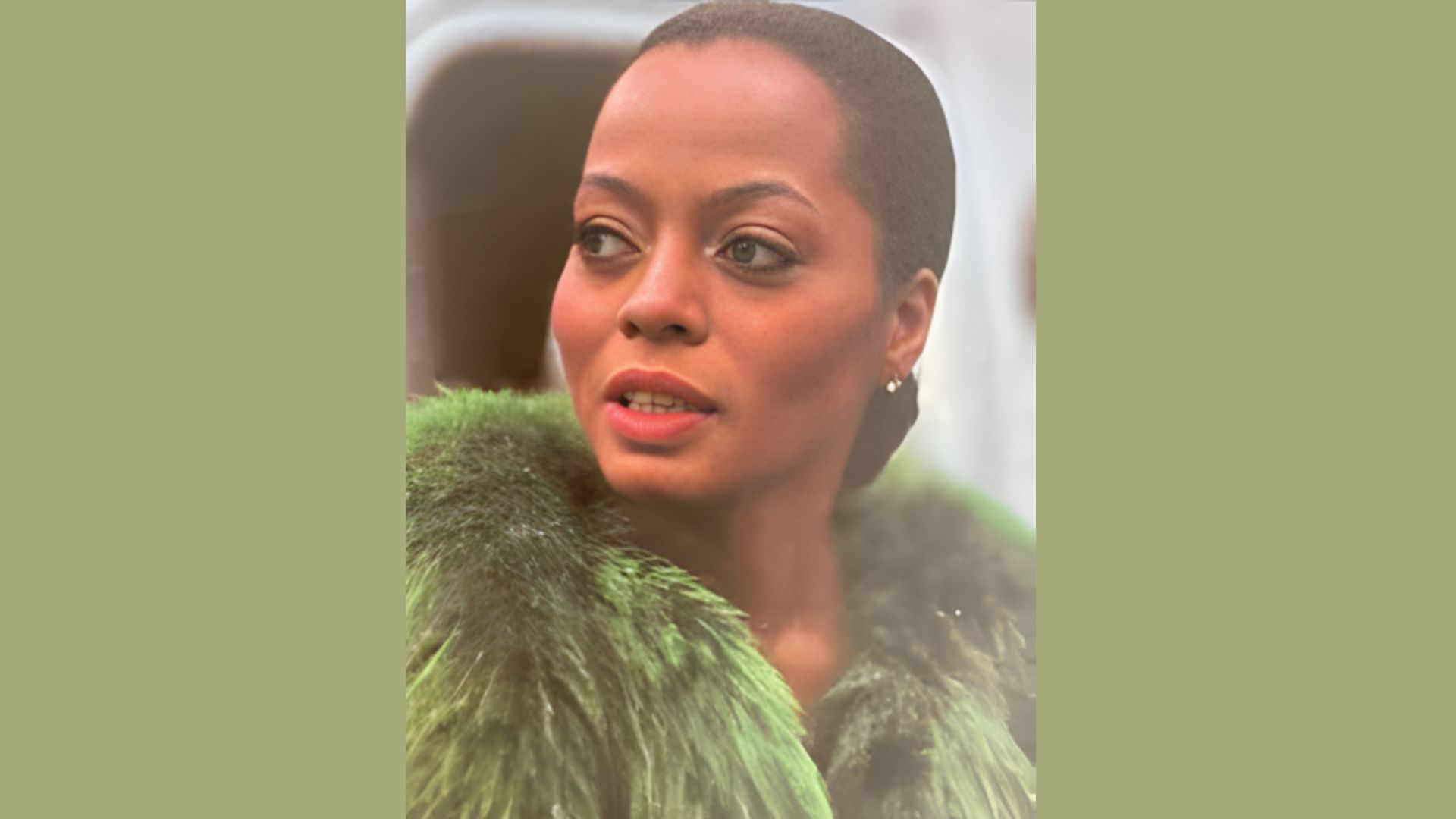 2. A woman wearing an elegant green fur coat, exuding sophistication and warmth.