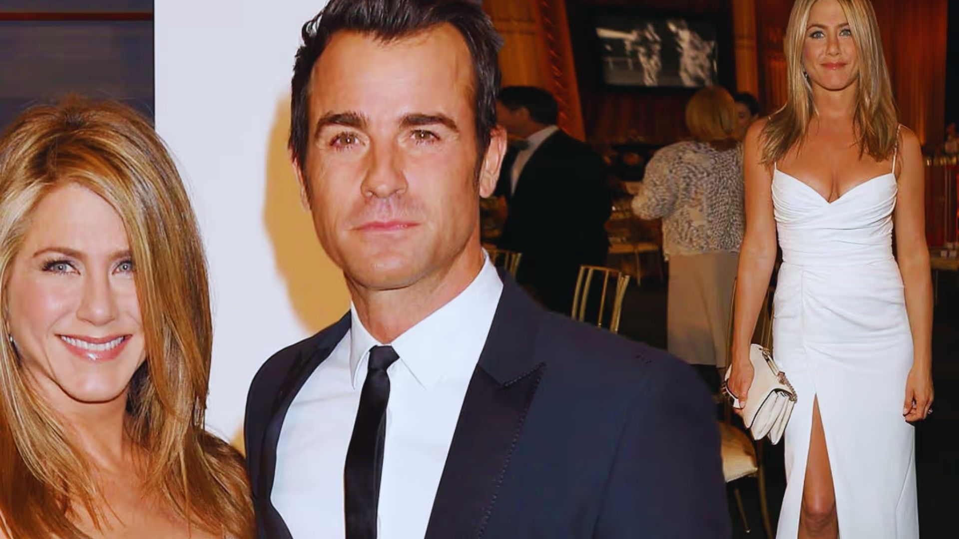 Jennifer Aniston and Justin Theroux pose together, showcasing Aniston in her elegant wedding dress.