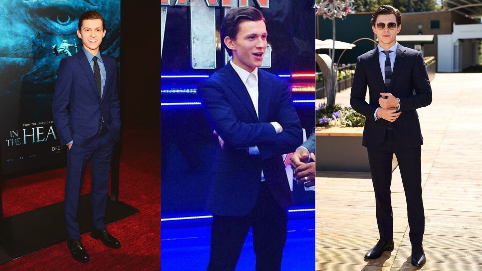 Three images of men in navy tuxedos, showcasing elegant suits and ties for a formal event.