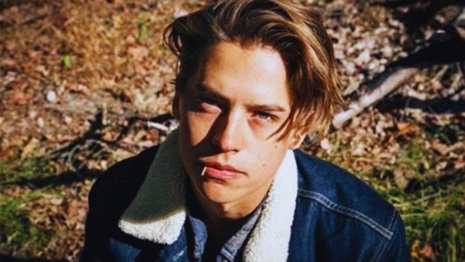 A young man in a jacket sitting in the woods, reflecting the trending hairstyle of Cole Sprouse's blonde look.