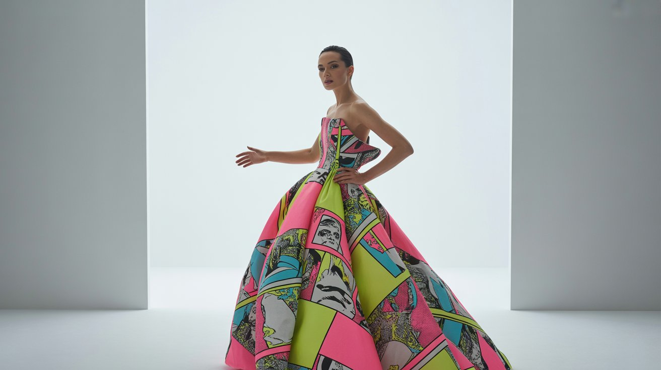 A woman poses for a photo in a vibrant, patterned dress, showcasing bold colors and unique designs.