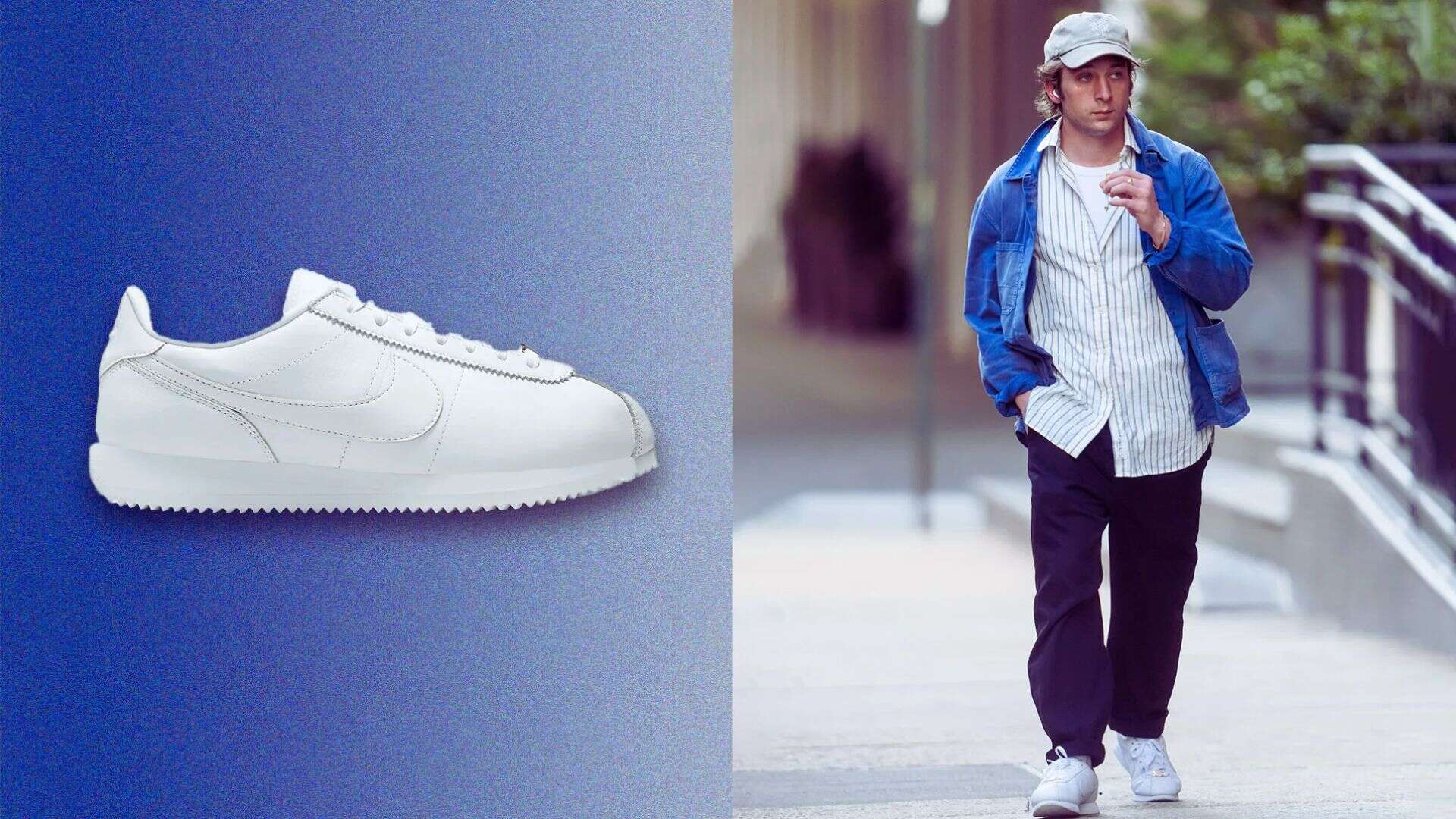 A man wearing a blue jacket and white sneakers, showcasing footwear that complements his stylish outfit.