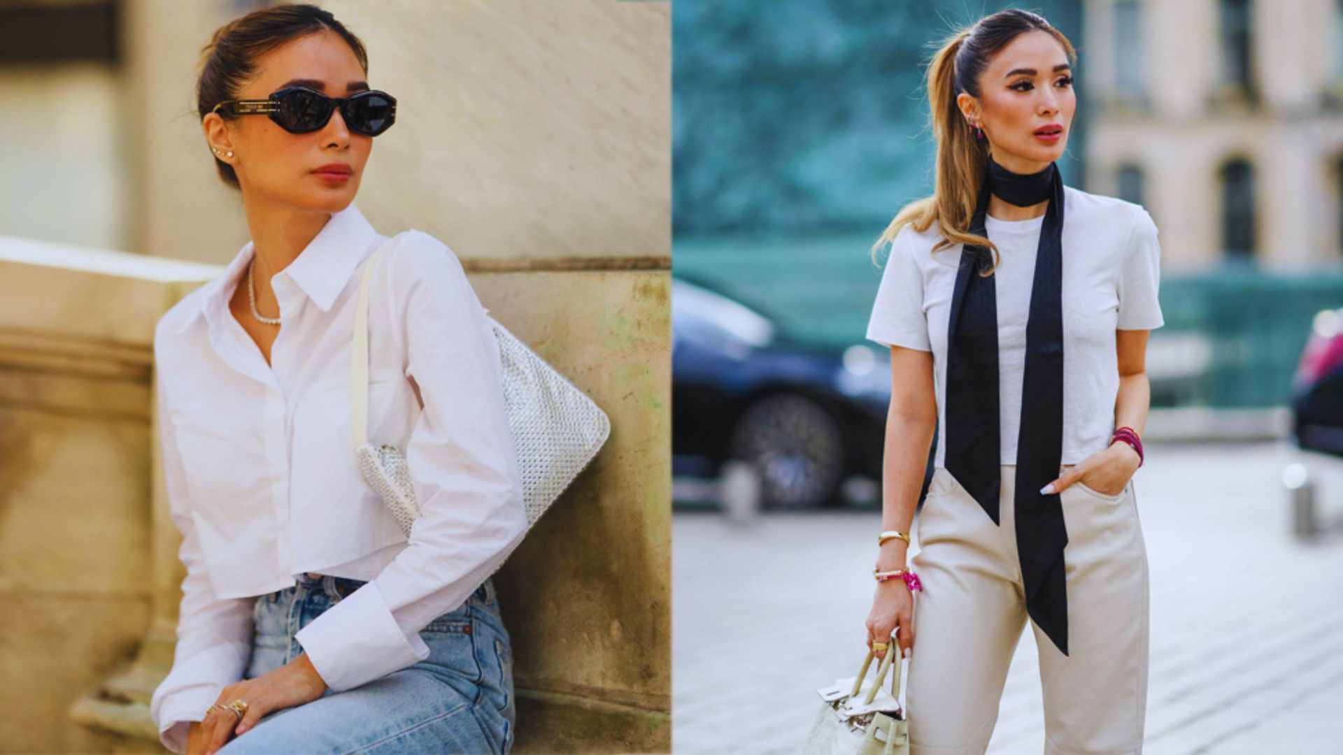 Two images of women dressed in white shirts and jeans, posing together in a casual setting.