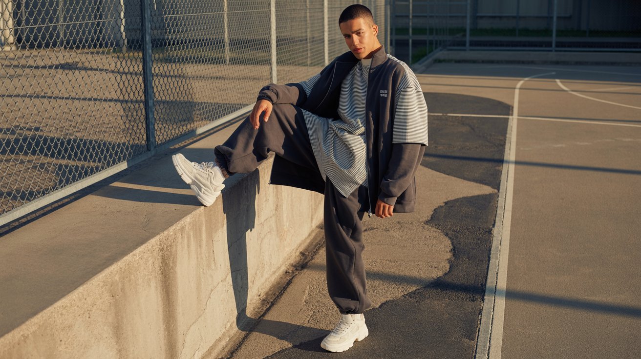 A man in sweatpants sits on a wall, relaxed, with a fence visible in the background.