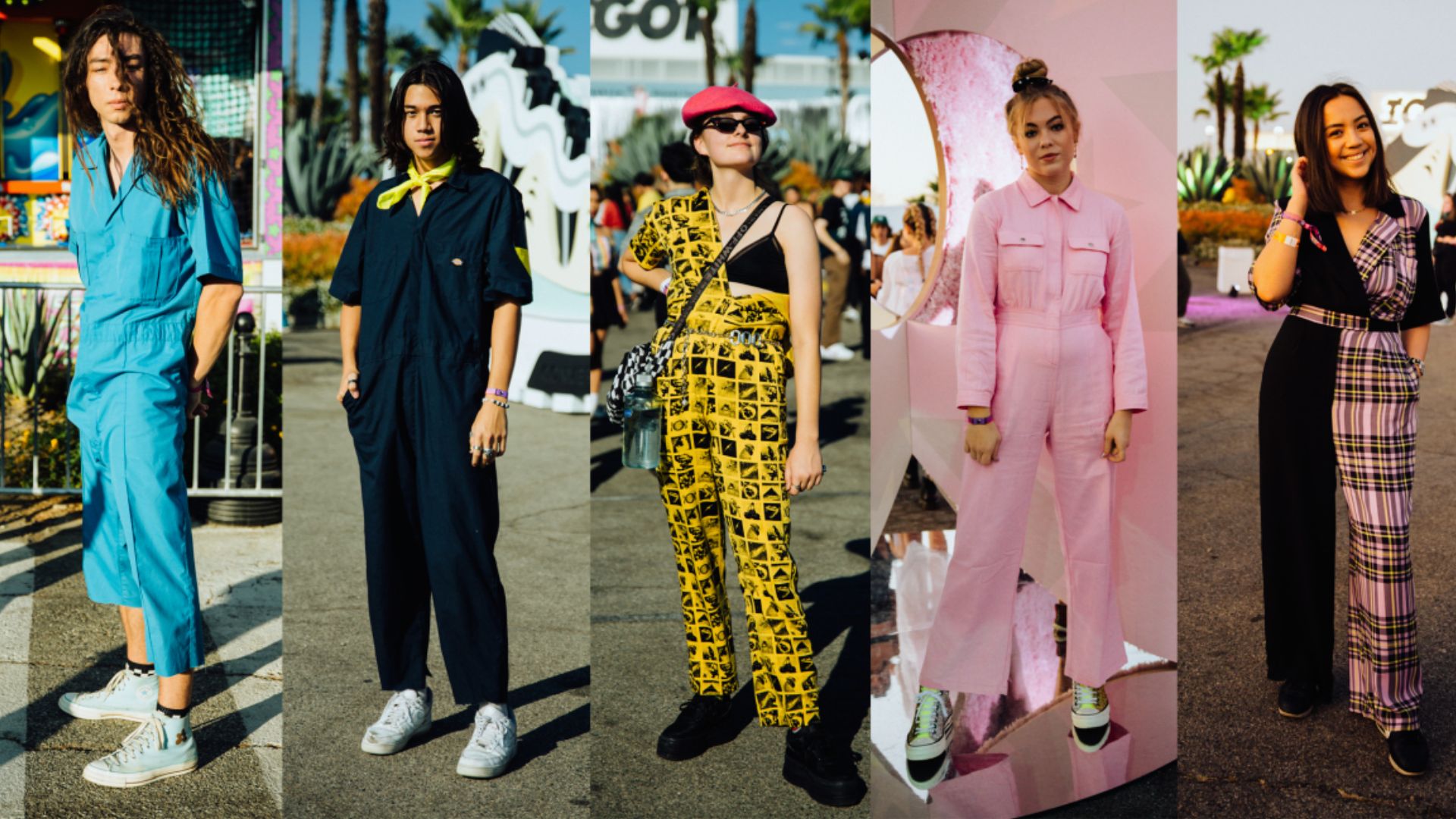 Four women in diverse outfits pose together, smiling at the camera in a vibrant outdoor setting.